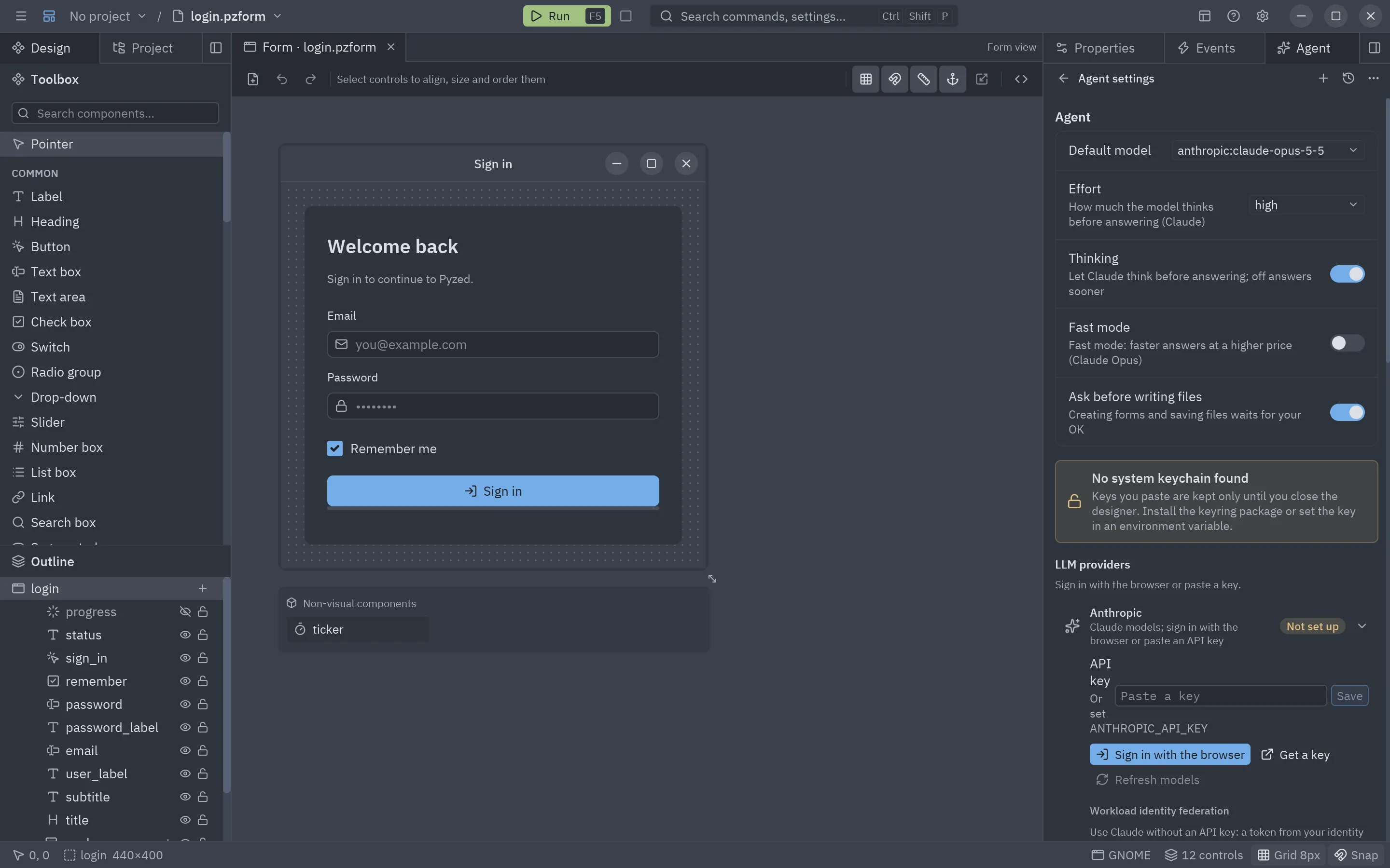 The Anthropic provider open in the AI agents settings: an API key field, Sign in with the browser, Get a key and the workload identity federation fields