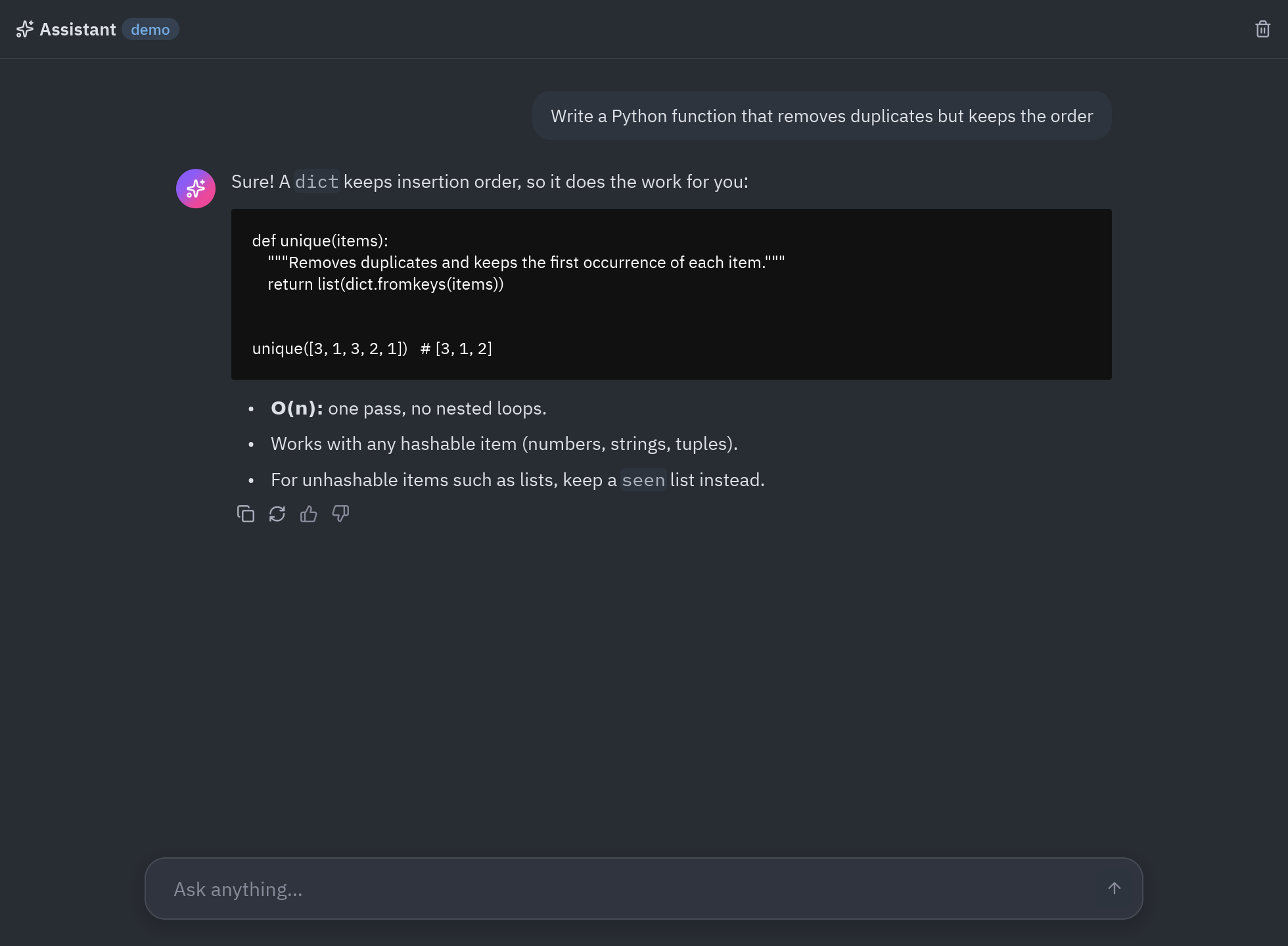 A chat window with a streamed answer