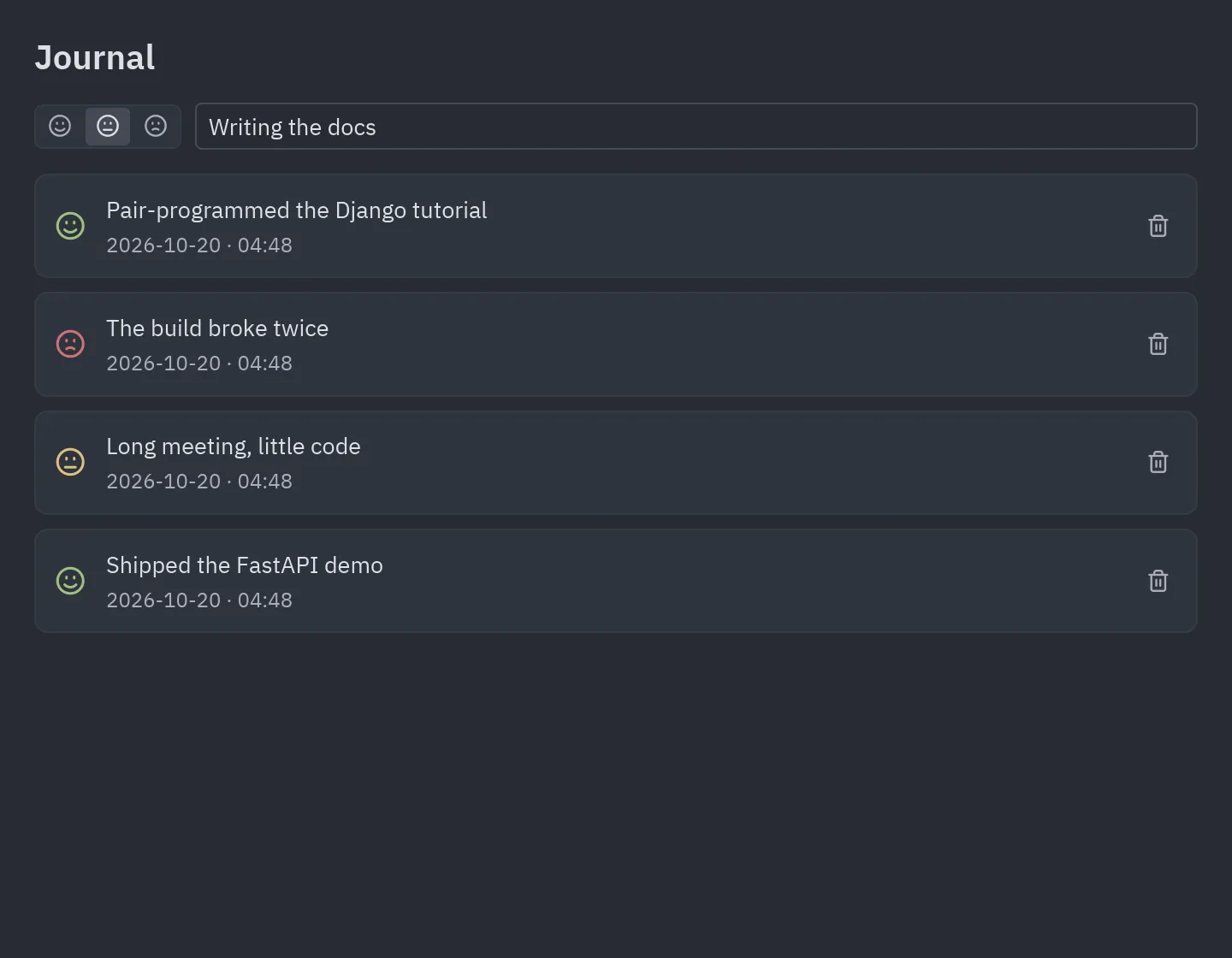 A journal app storing entries with aiosqlite