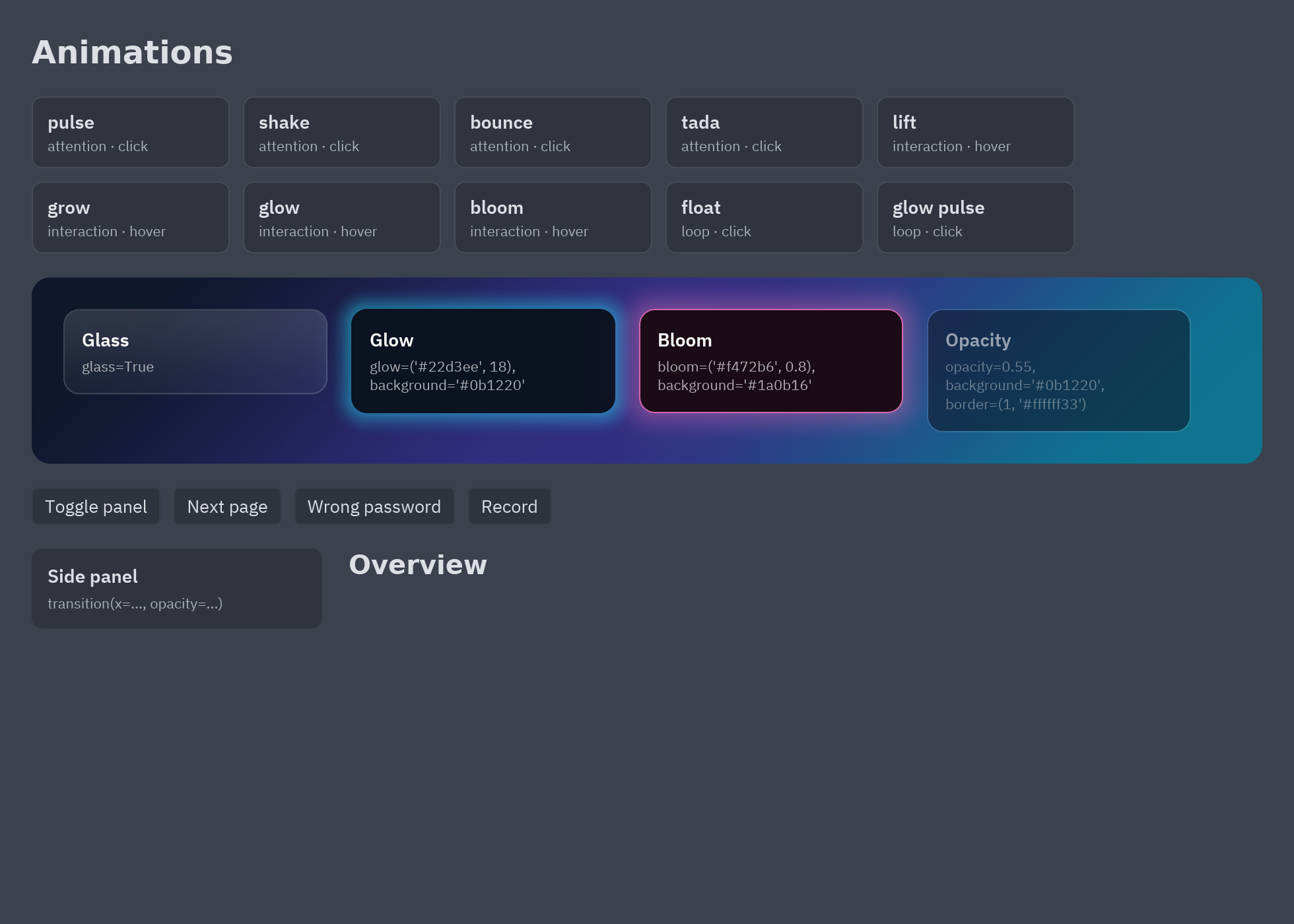 A grid of animation presets and four visual effects