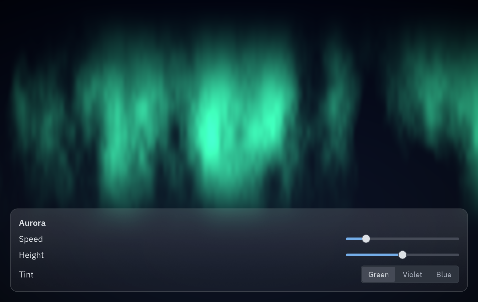 A green aurora over a dark sky with a glass panel of sliders