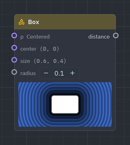 The Box node as it looks in the Shader view, with its preview