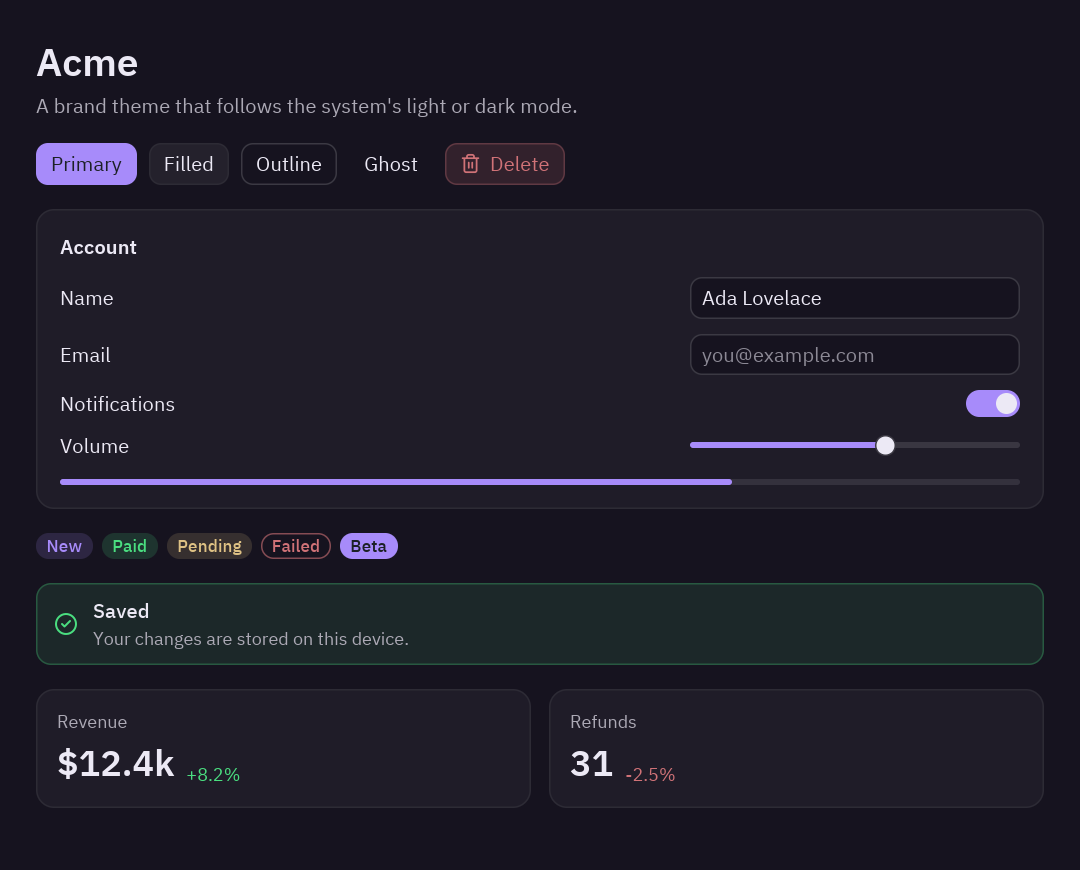 The preview screen with the Acme brand theme