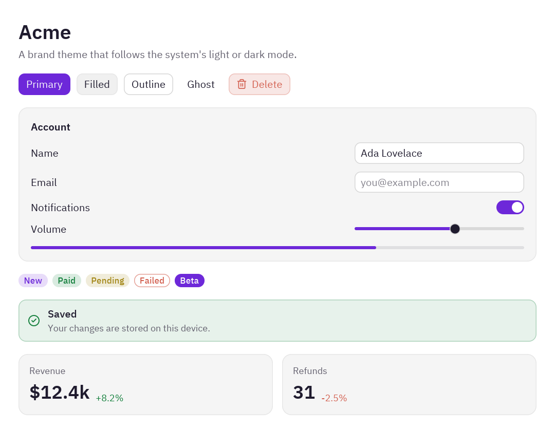 The preview screen with the Acme brand theme