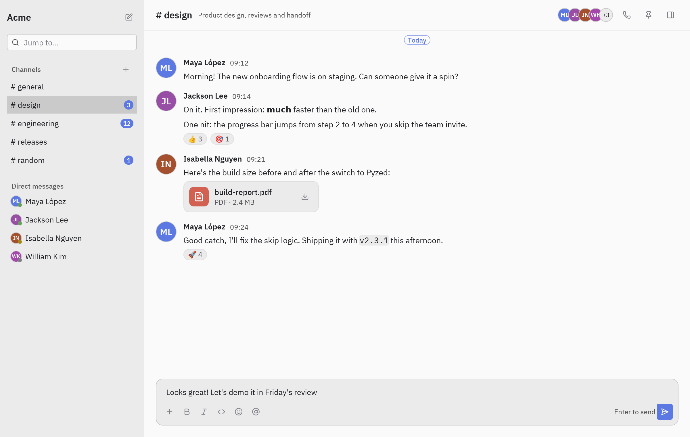 A team chat with channels and a conversation