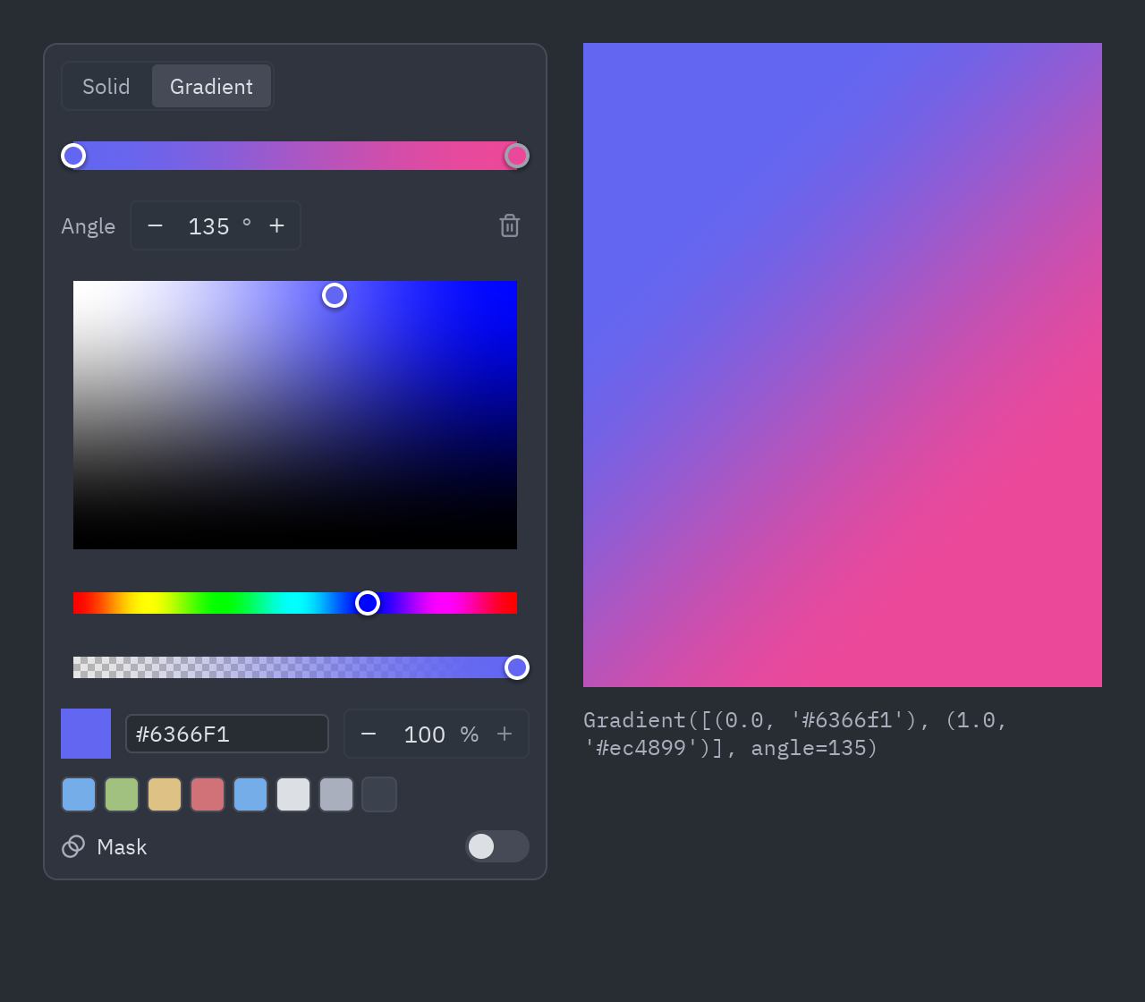 The color picker in gradient mode: two stops, an angle, the hue and alpha bars, and the gradient it makes