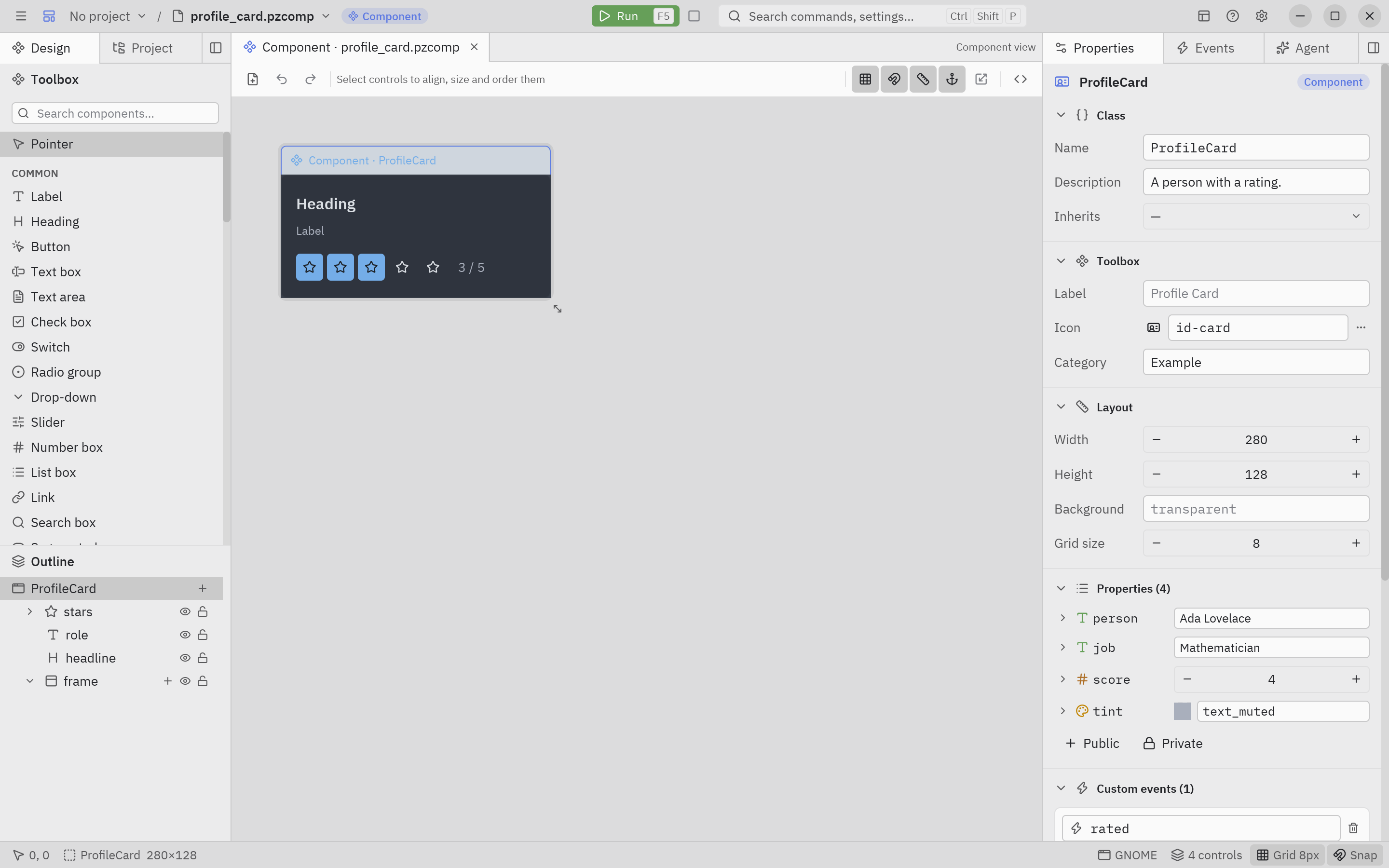 The Component view with a ProfileCard that contains a Rating component