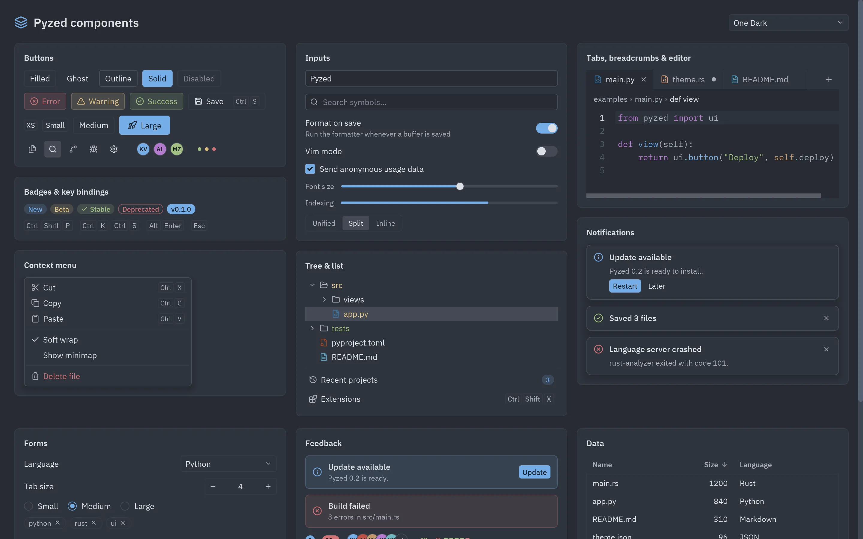 A gallery of Pyzed components: buttons, inputs, tabs, an editor, a tree, menus and notifications