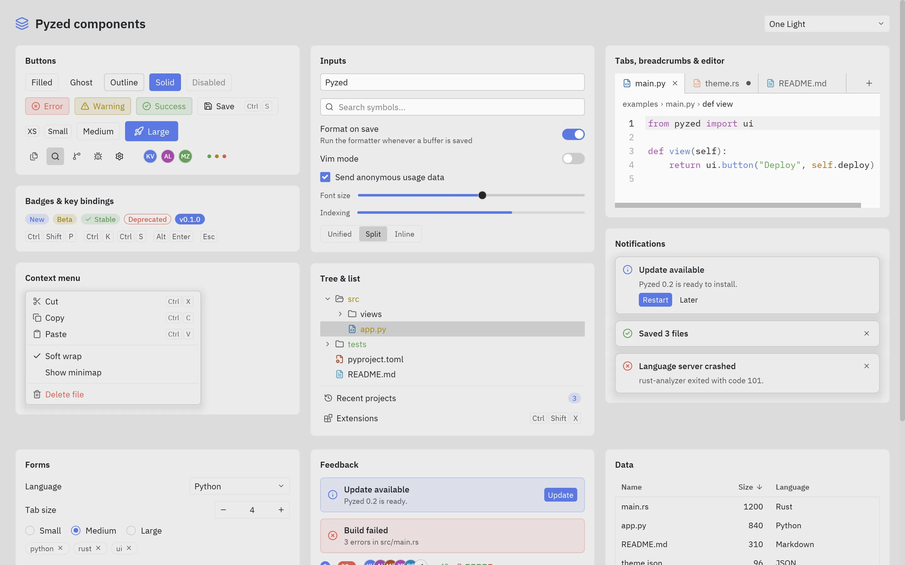 A gallery of Pyzed components: buttons, inputs, tabs, an editor, a tree, menus and notifications