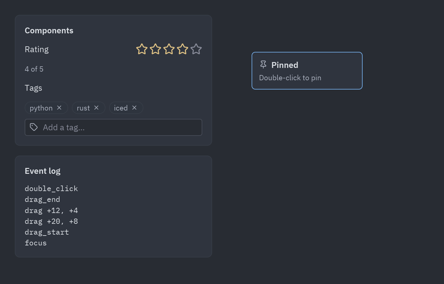 A star rating, a tag editor, a pinned note and the event log