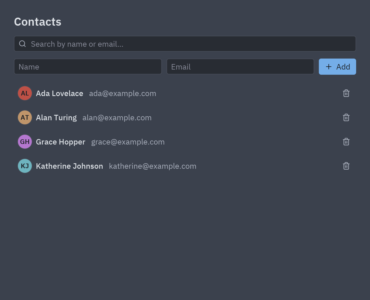 La app de contactos: un buscador, un formulario para añadir un contacto y una lista de cuatro contactos