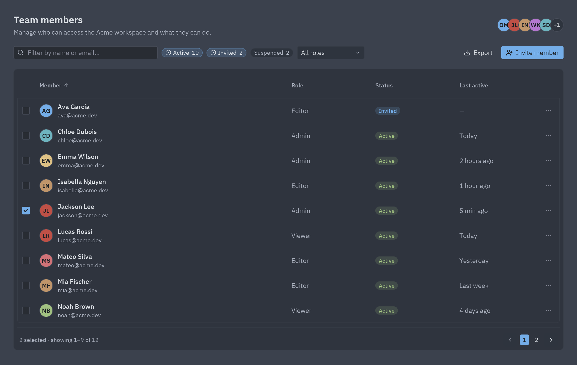 A table of team members with filters, selection and paging