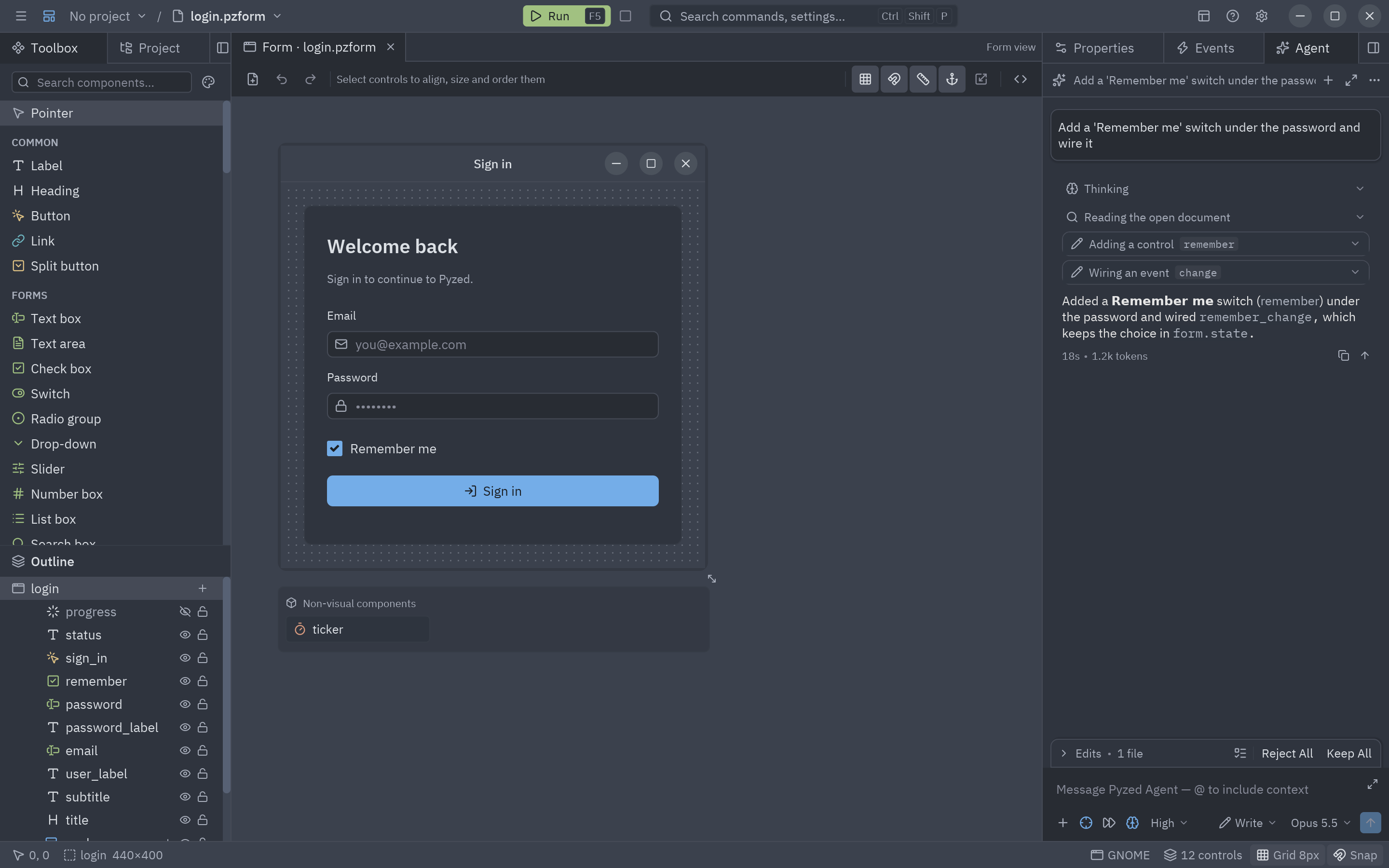 The agent building a form, with its plan and tool calls