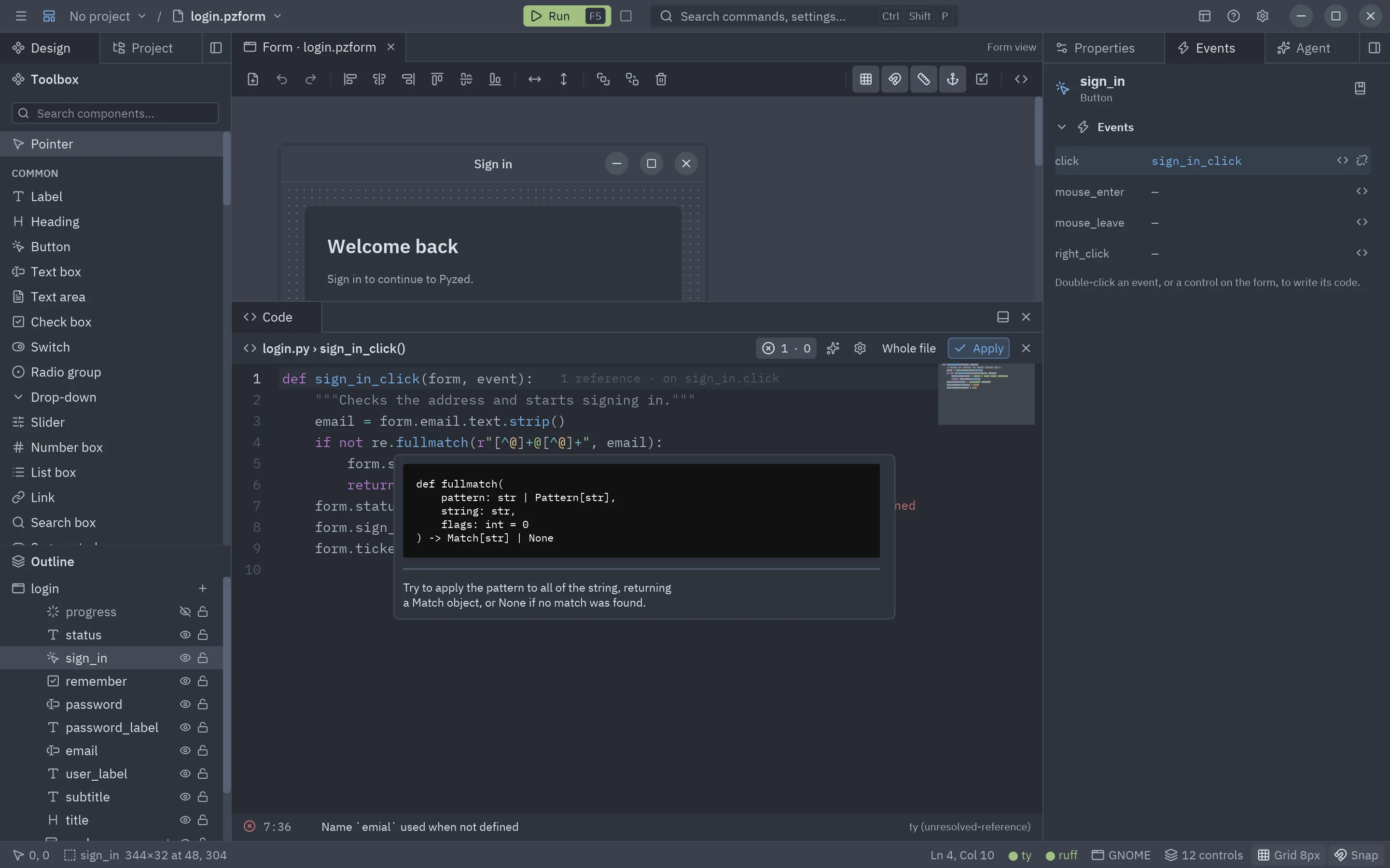 The hover card of a function: its signature and docstring