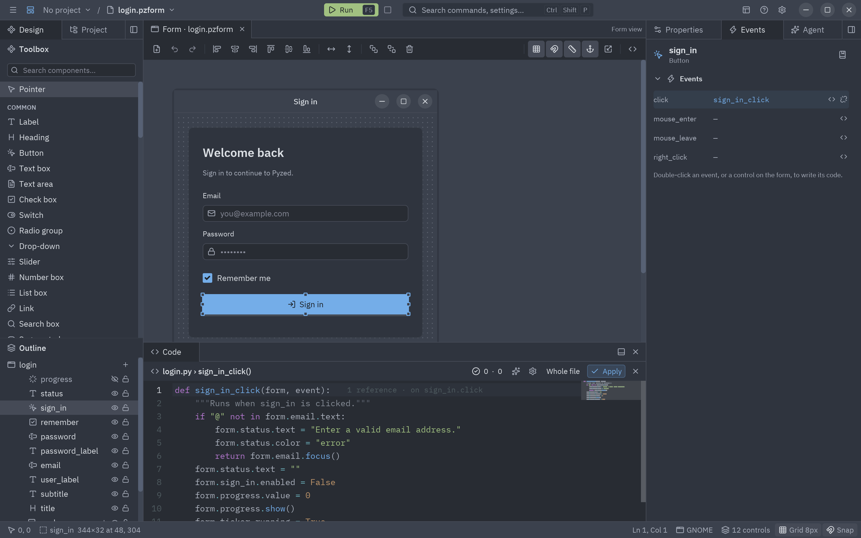 The code editor in the bottom dock with a handler open