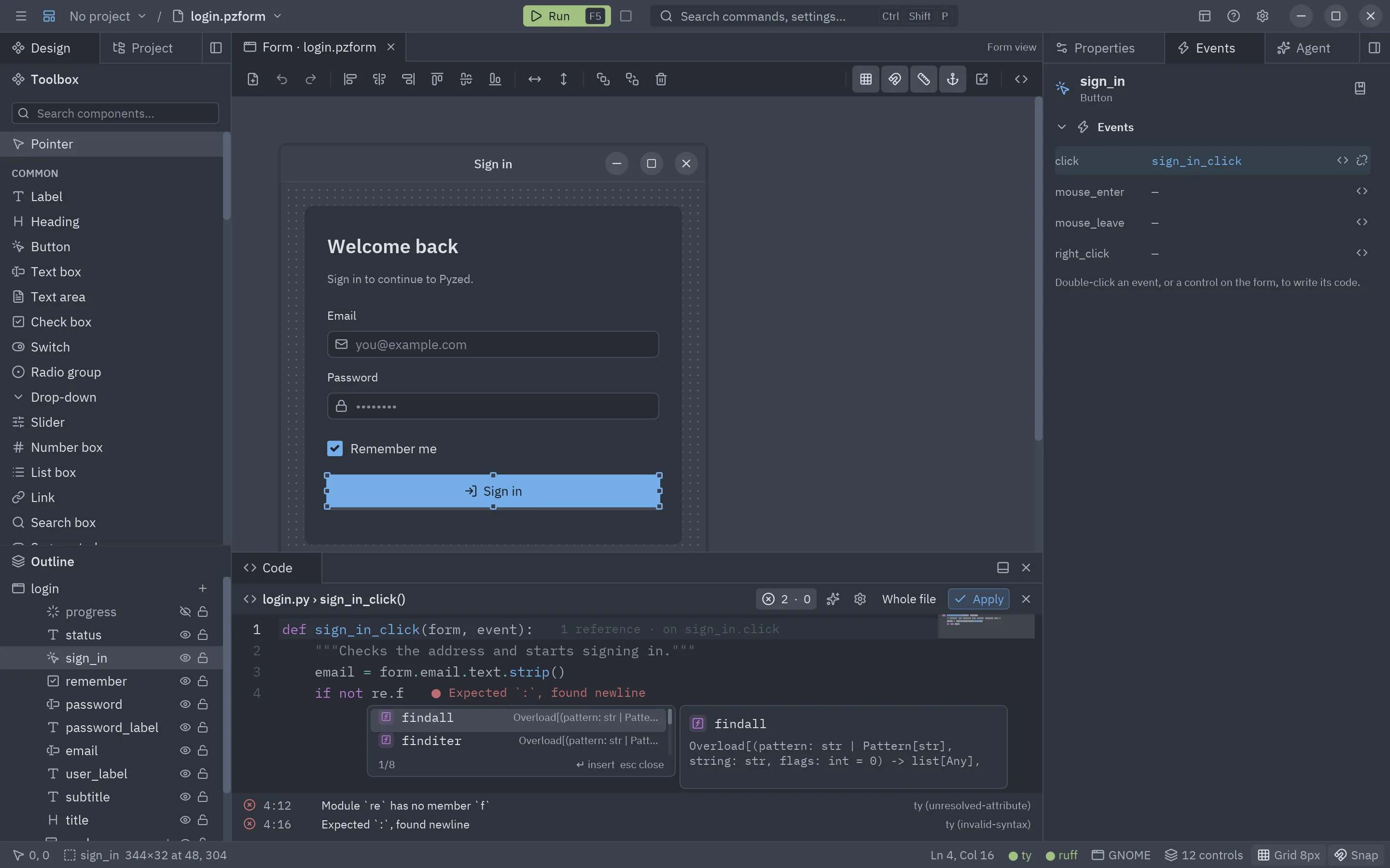 Completing a function of the re module with its signature, and inline errors