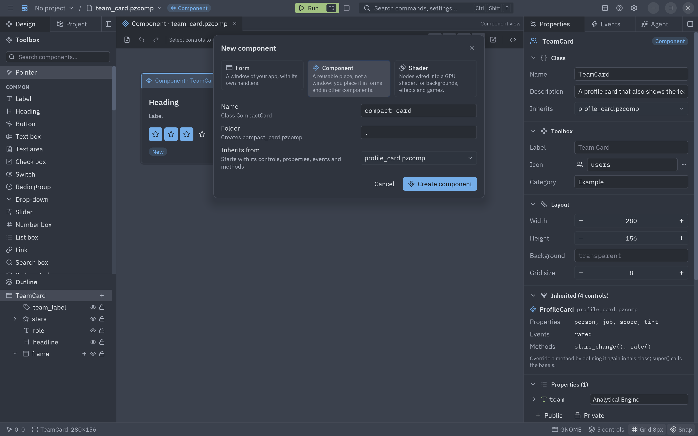 The New dialog with the Component card selected