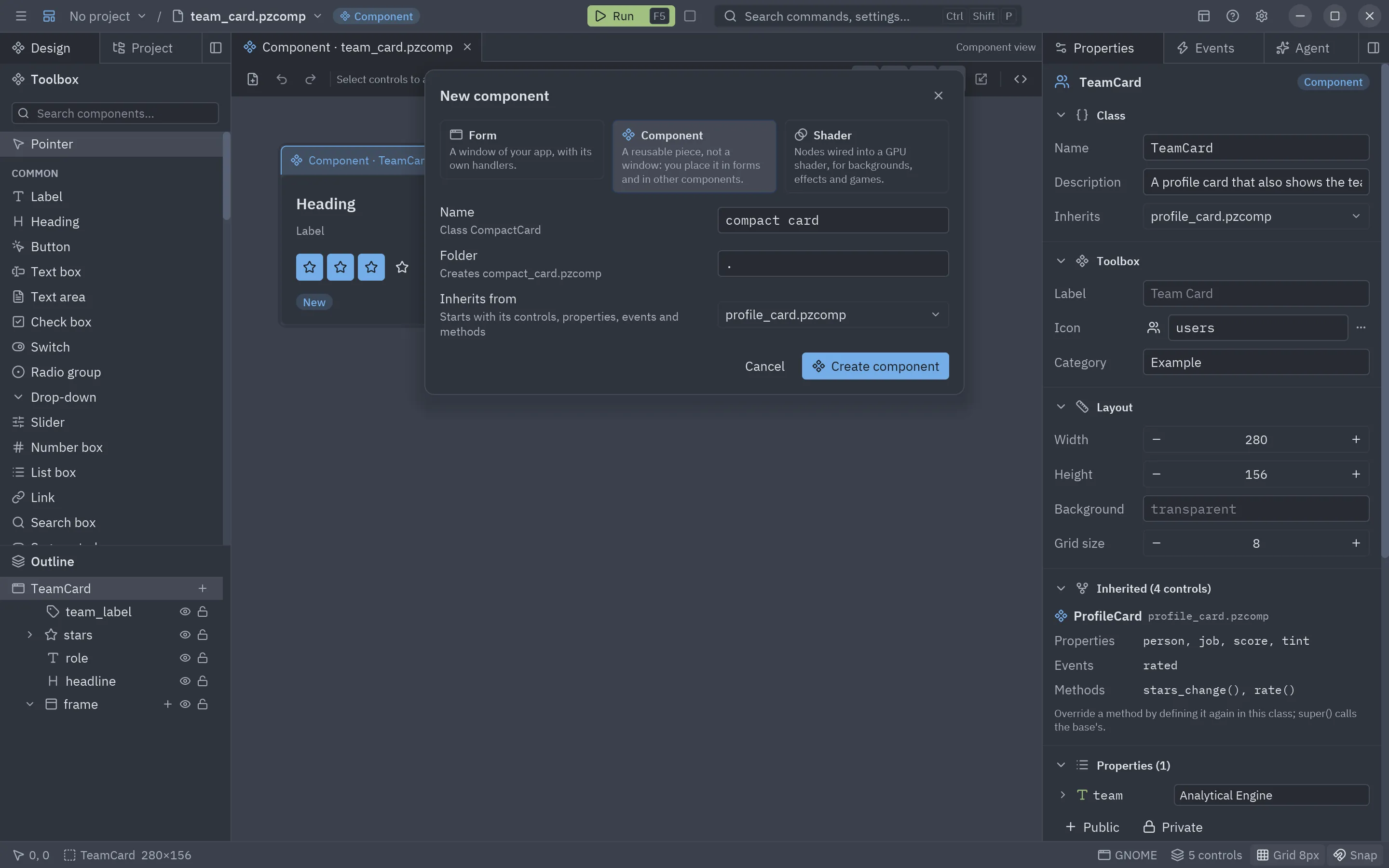 The New component dialog