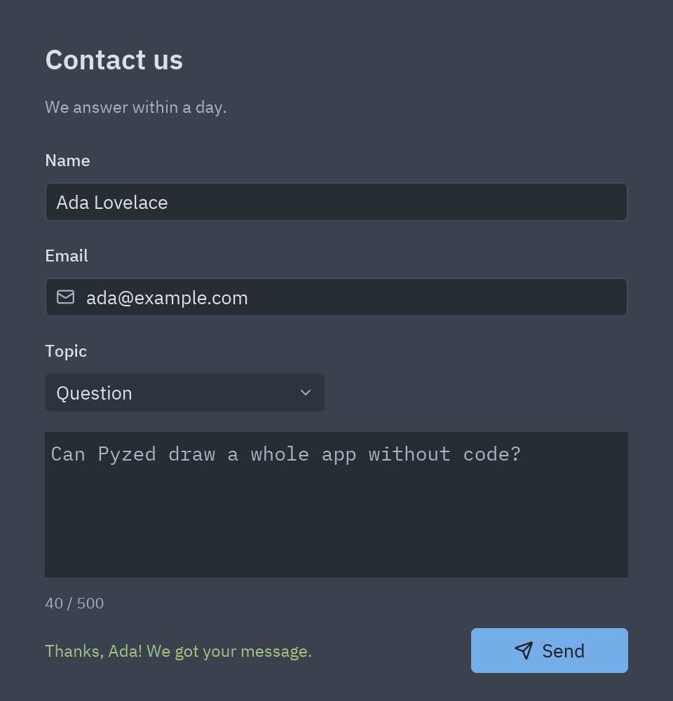 The contact form after sending: a green thank-you message