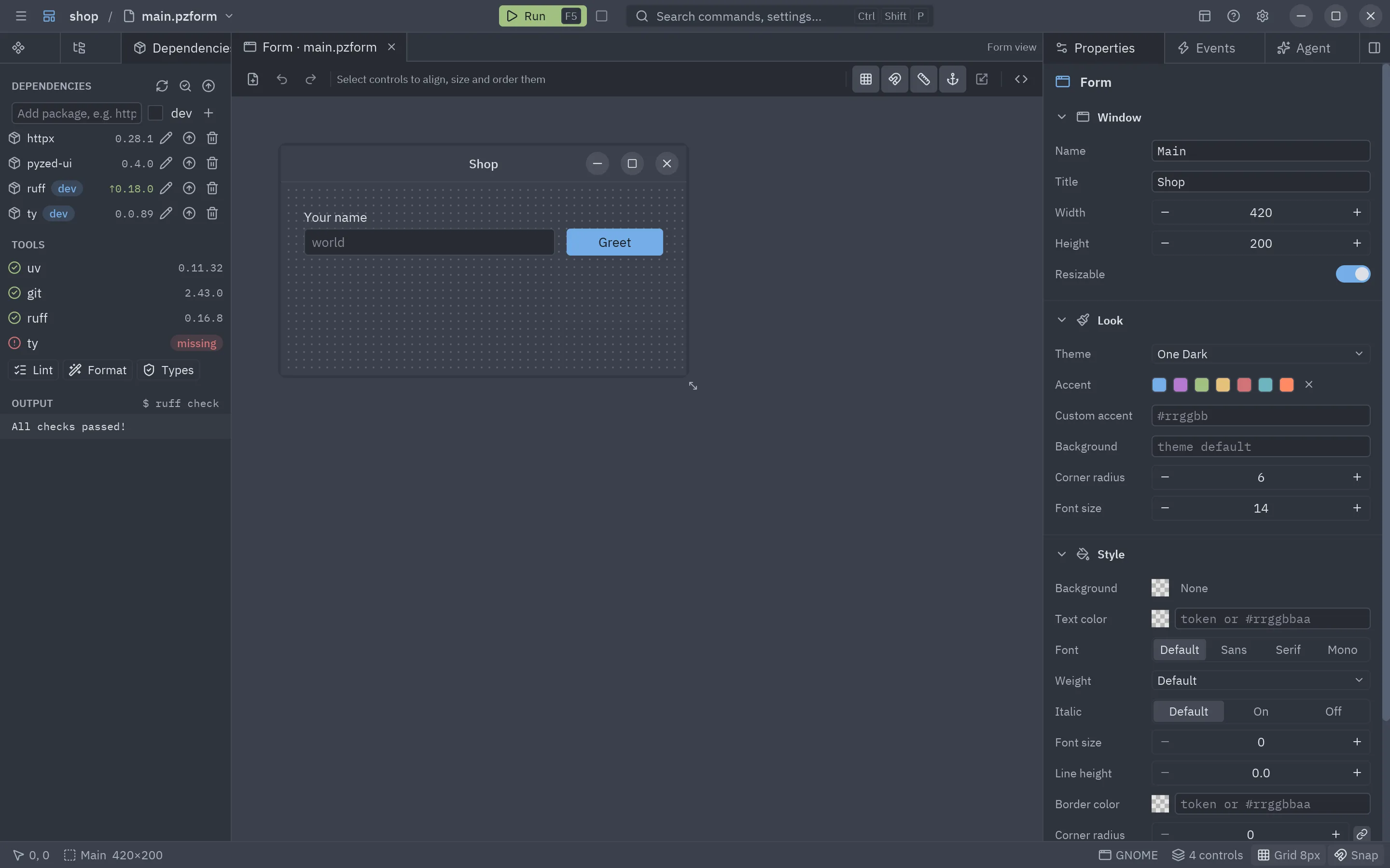 The Dependencies panel: packages, tools and the output of ruff