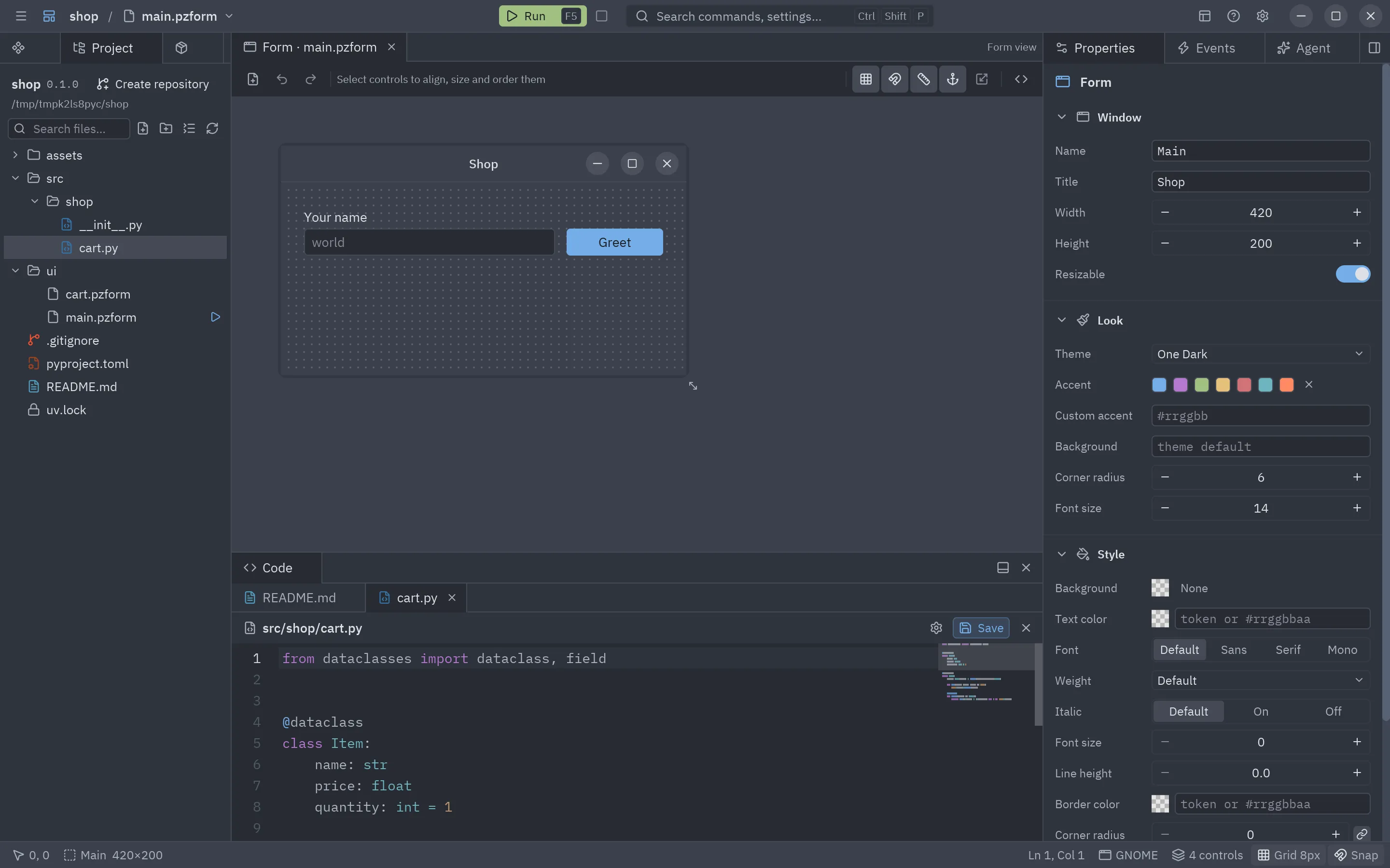 A project file open in the code panel, next to the README