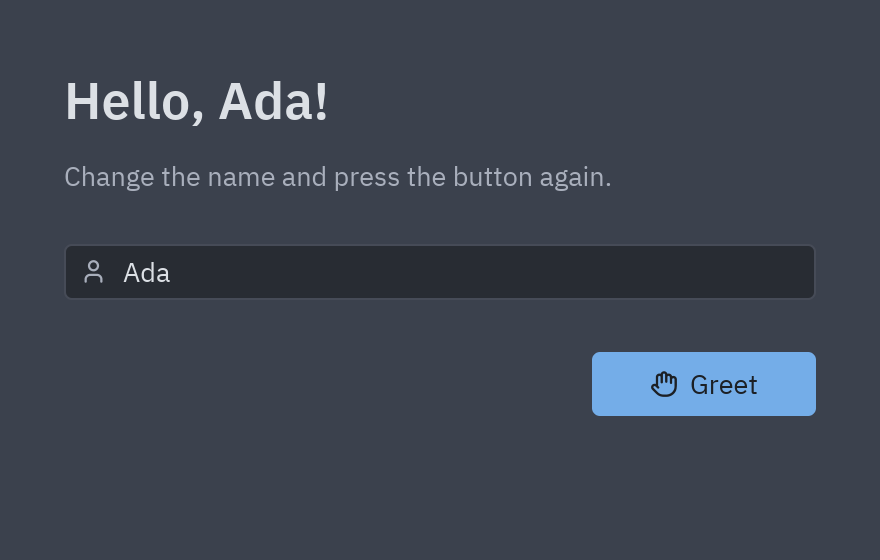 The finished hello form running: Hello, Ada!