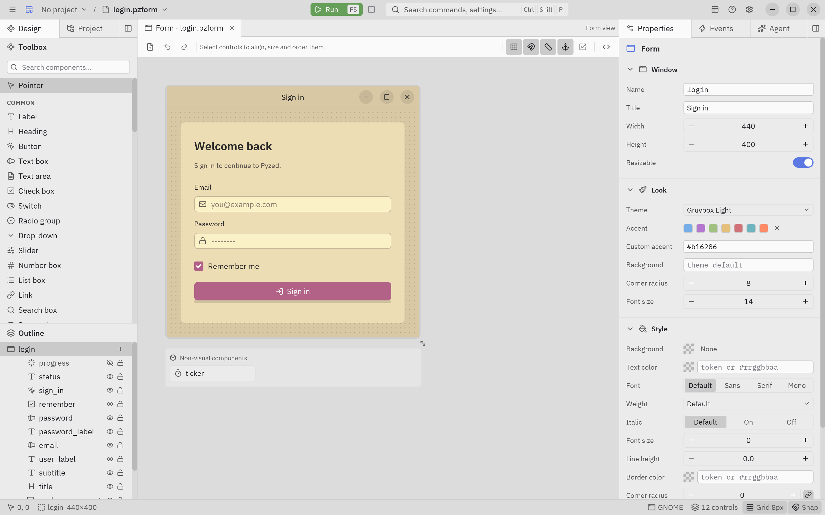A form with the Gruvbox Light theme and a custom accent in Pyzed Design