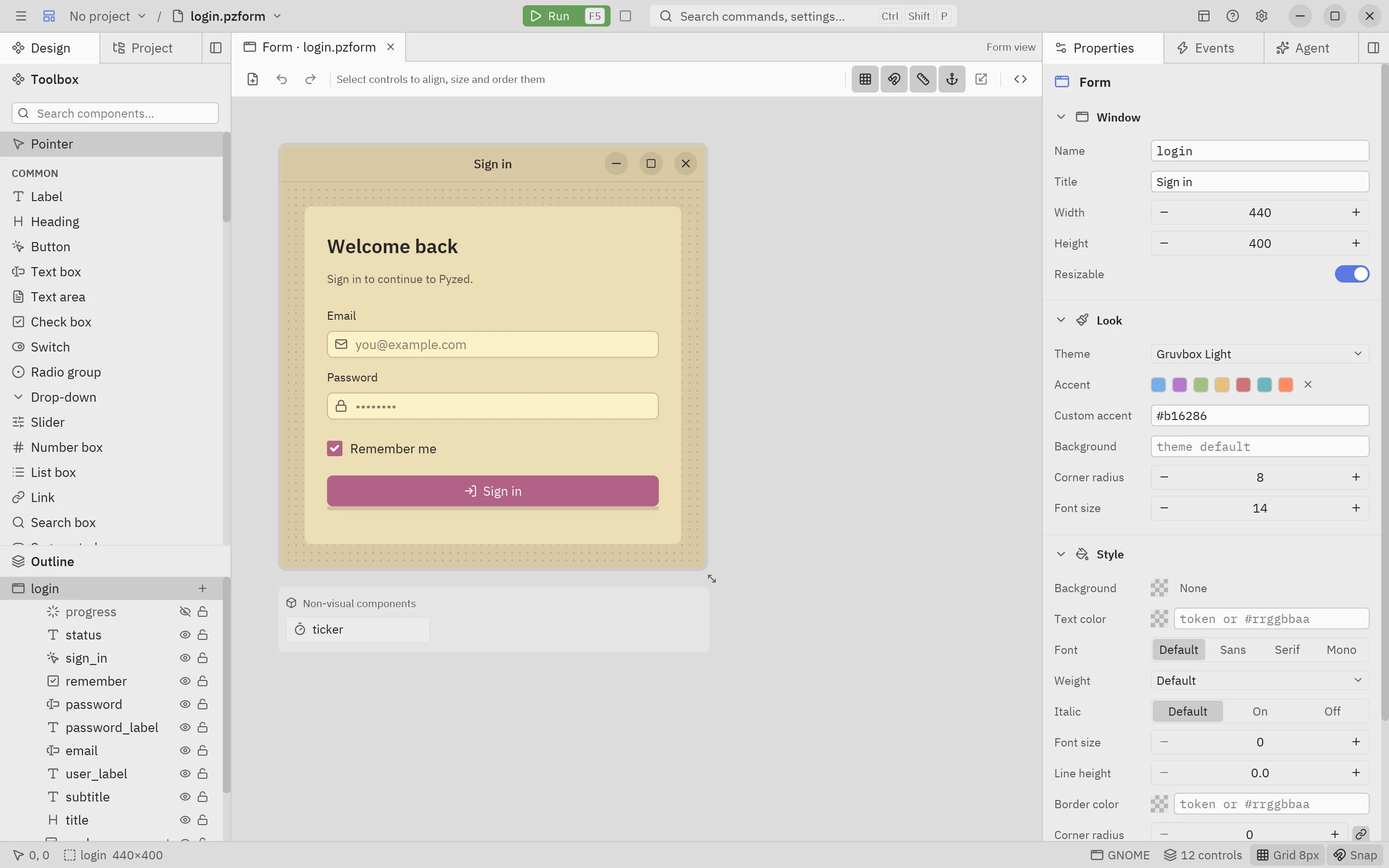 A form with the Gruvbox Light theme and a custom accent