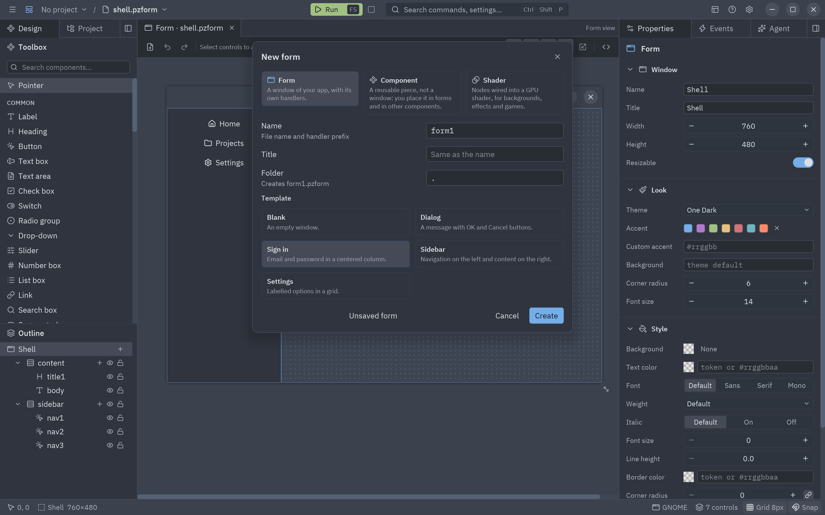The New dialog with a name, title, folder and templates