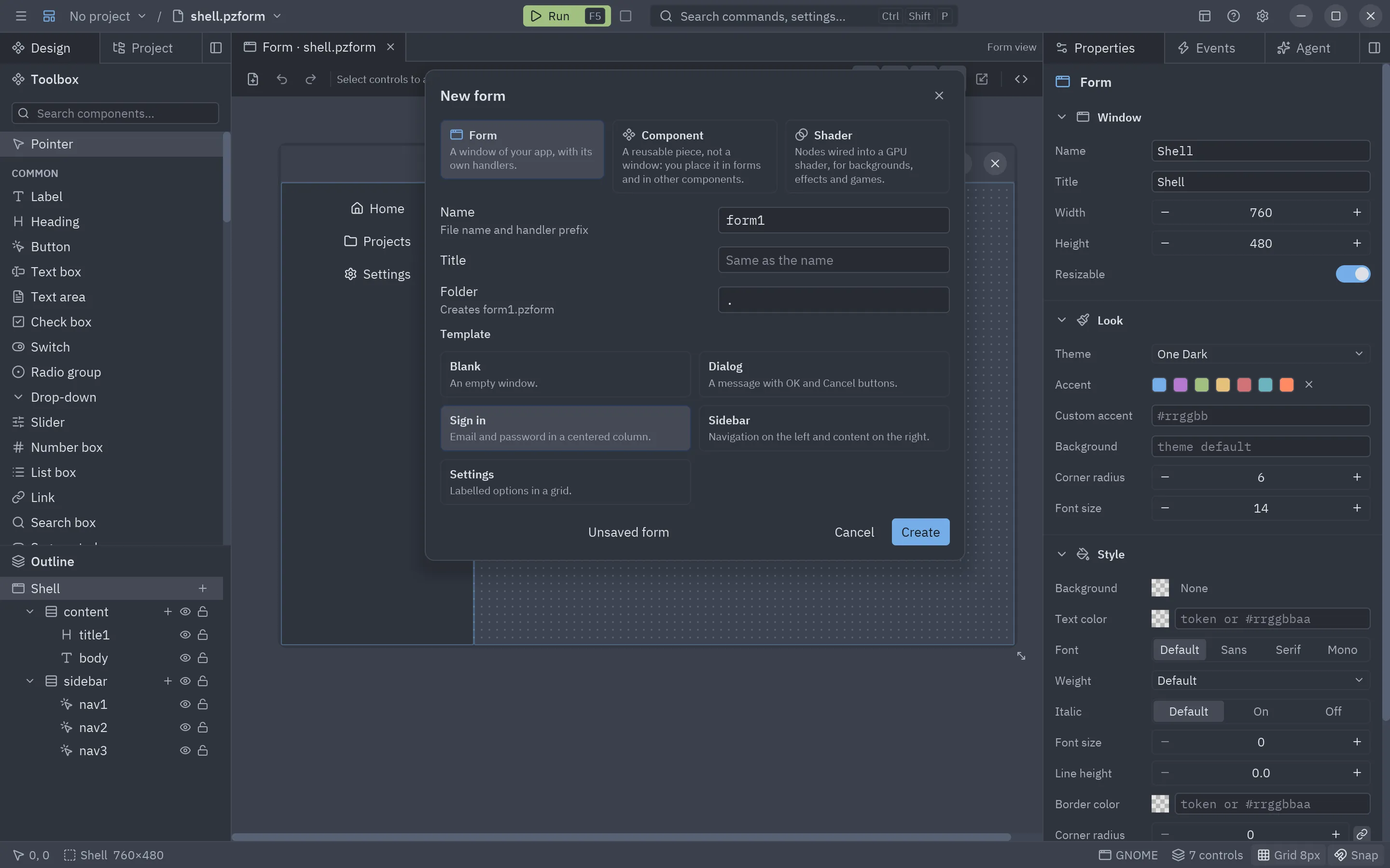 The New form dialog with its templates