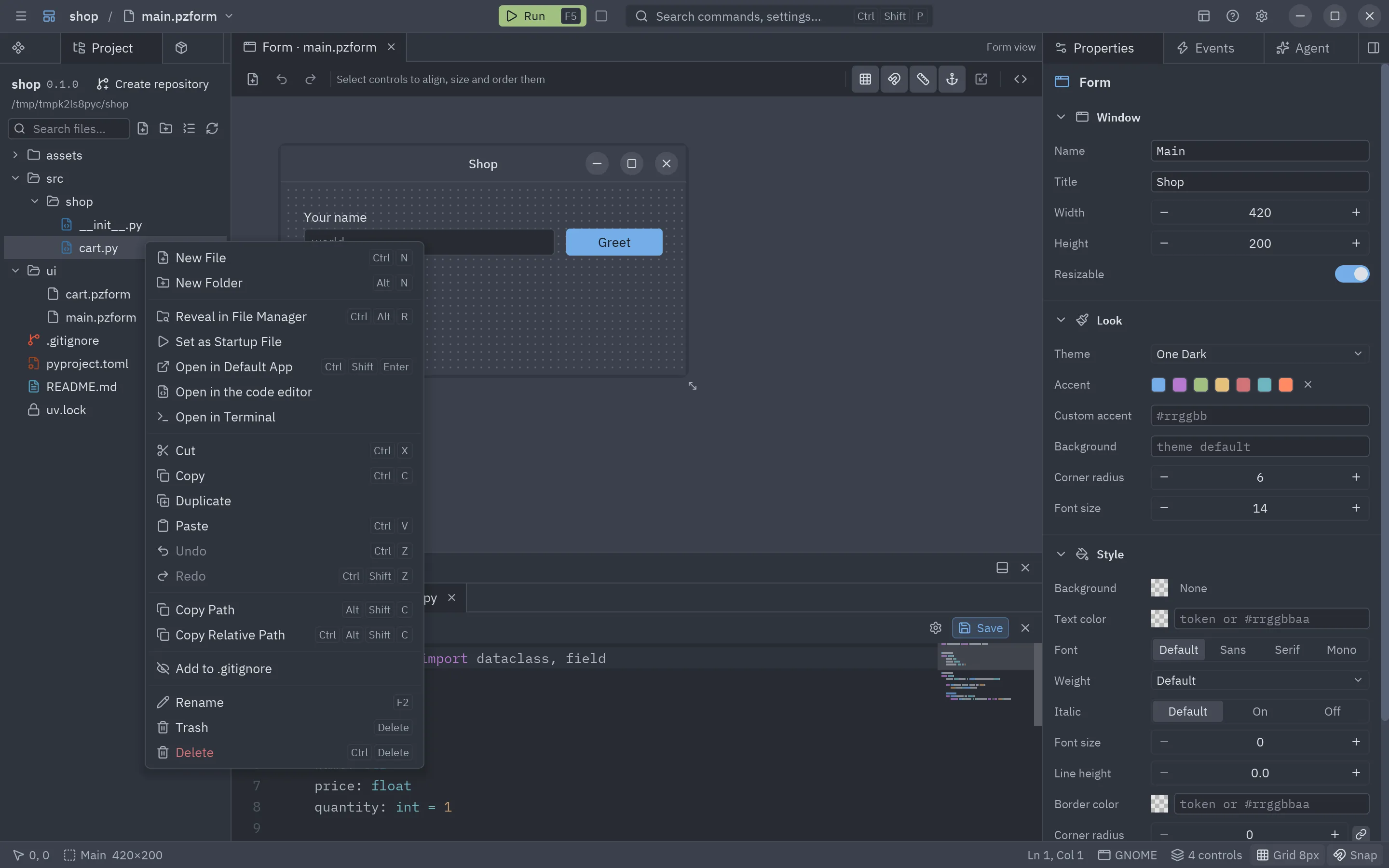 The right-click menu of a file in the Project tab