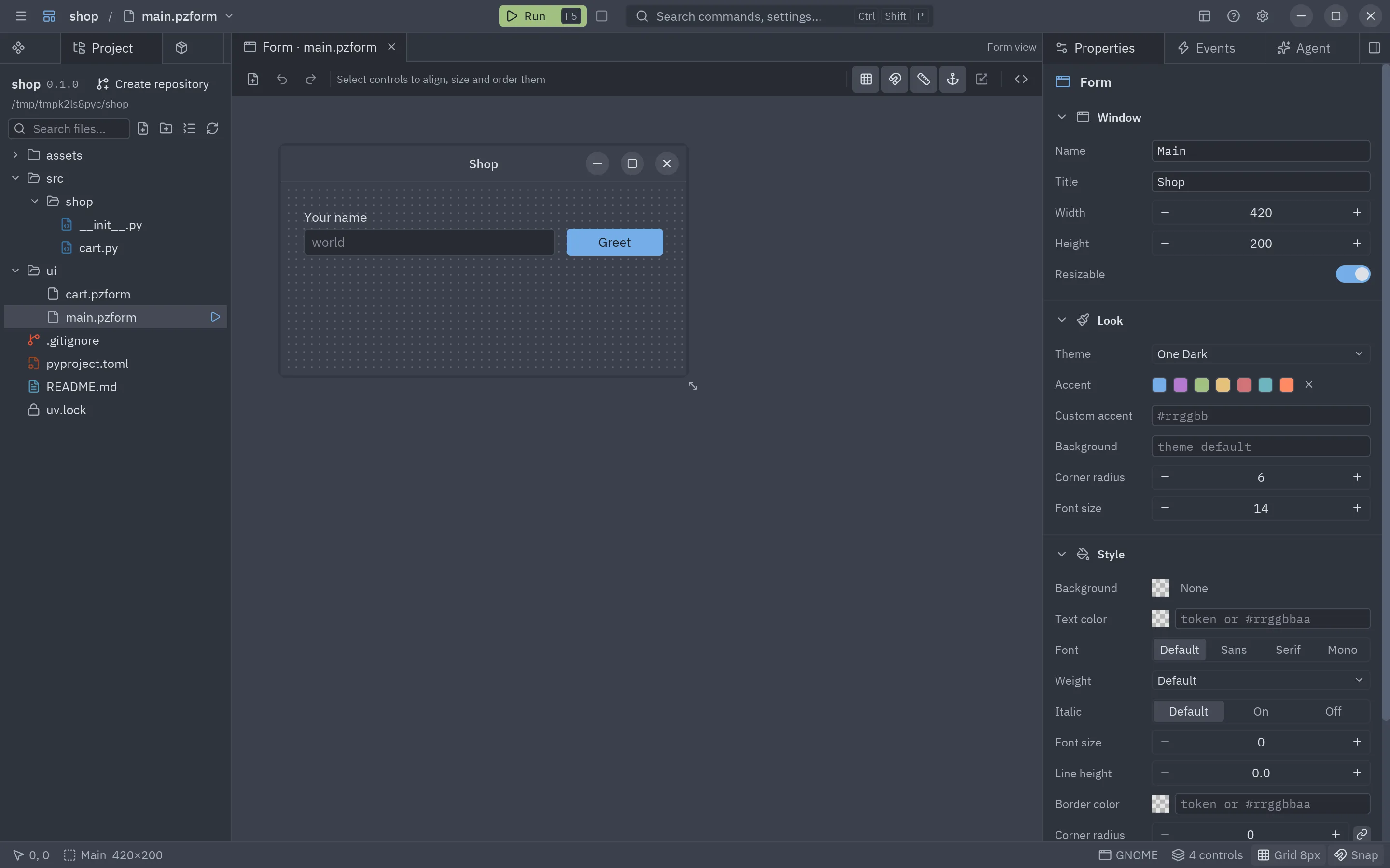 The Project tab with forms, dependencies and tools of a uv project
