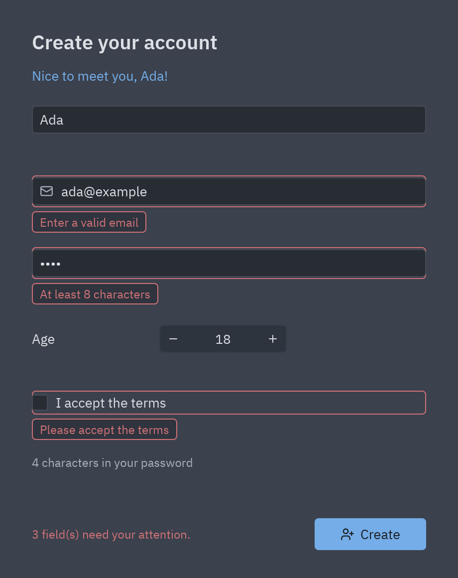 The sign-up form with an invalid email, a short password and the terms unchecked, each with its message