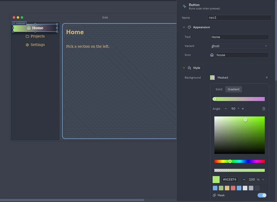 A button with a masked gradient, a serif global font and the color picker open