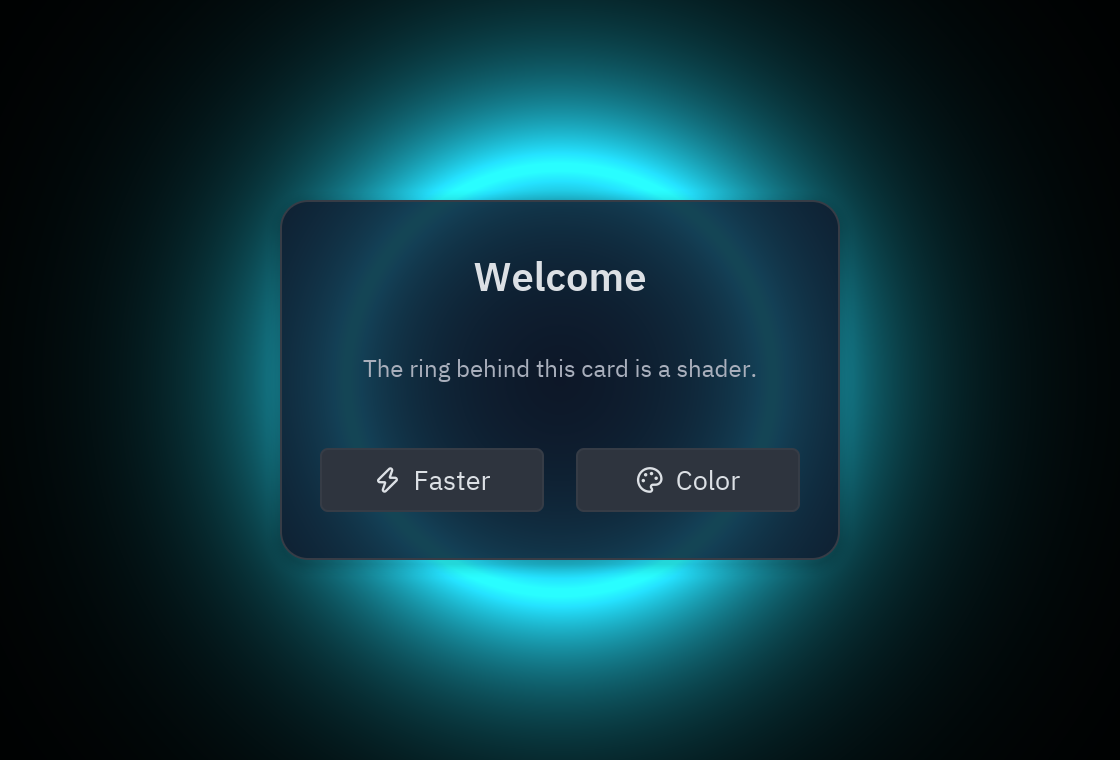 A welcome card over a glowing cyan ring