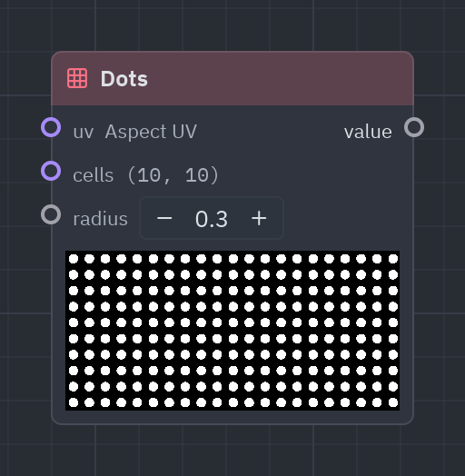 The Dots node as it looks in the Shader view, with its preview
