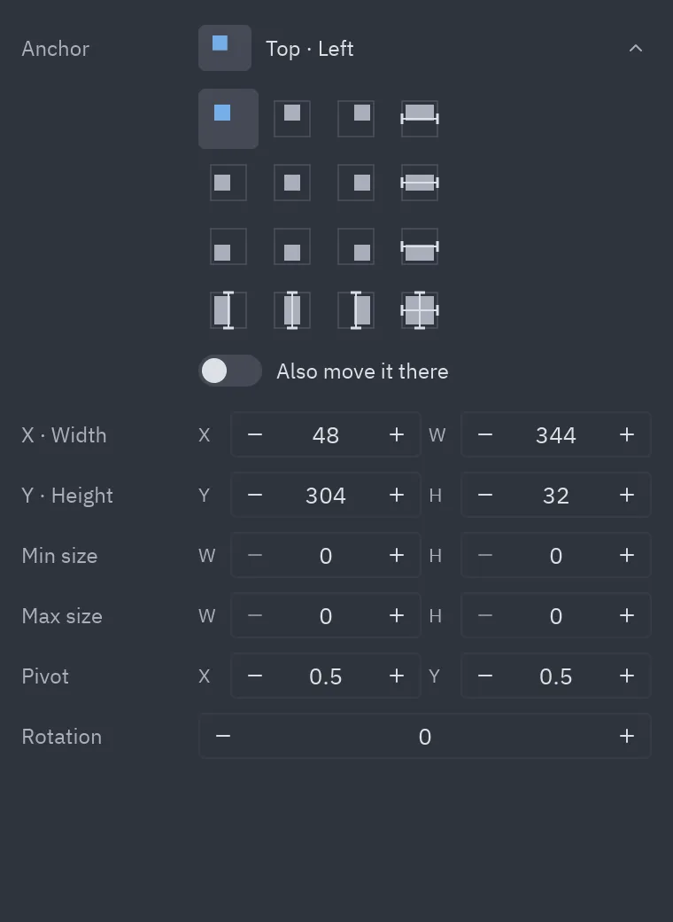 The Position section with the anchor presets open
