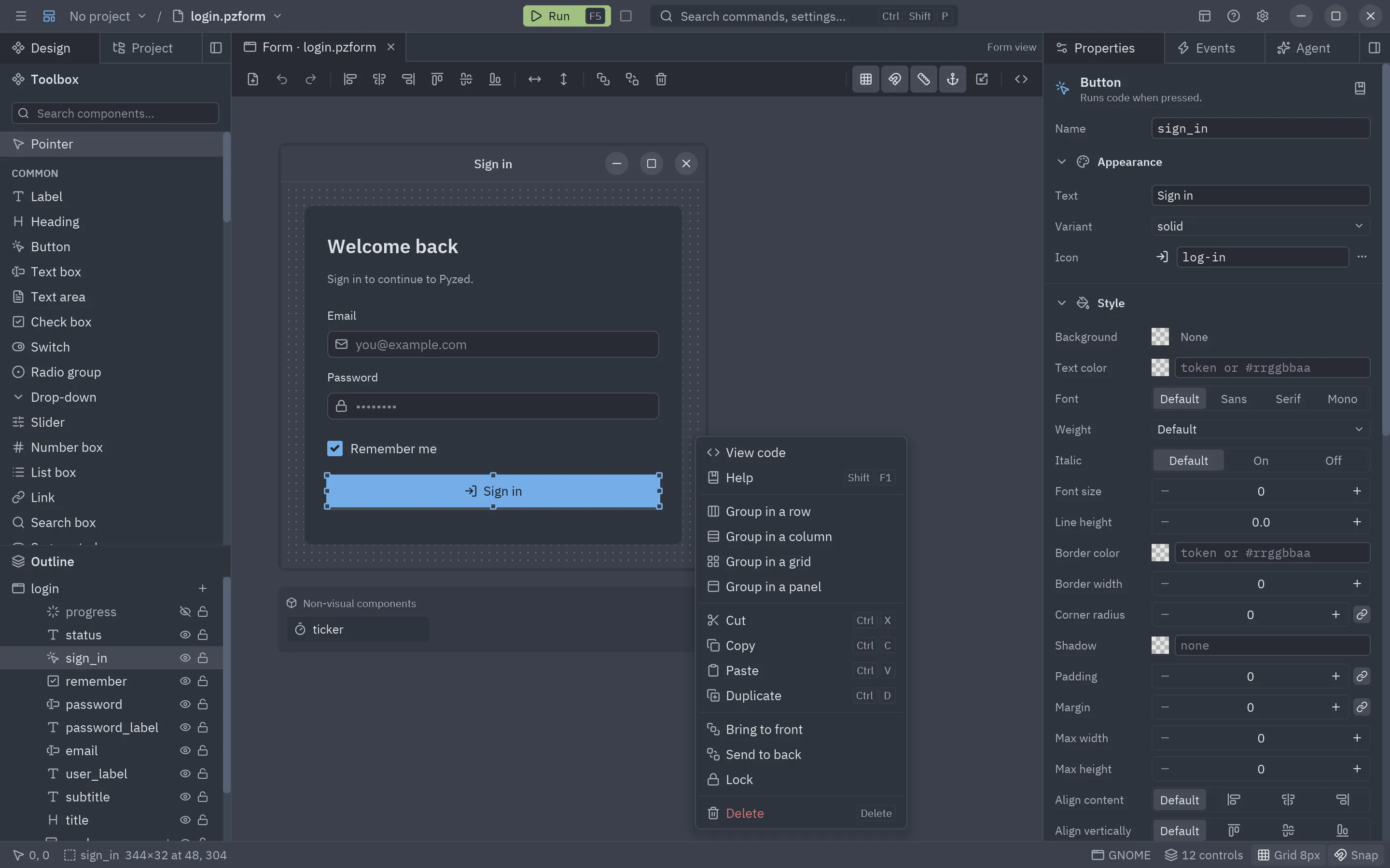 The context menu of a button