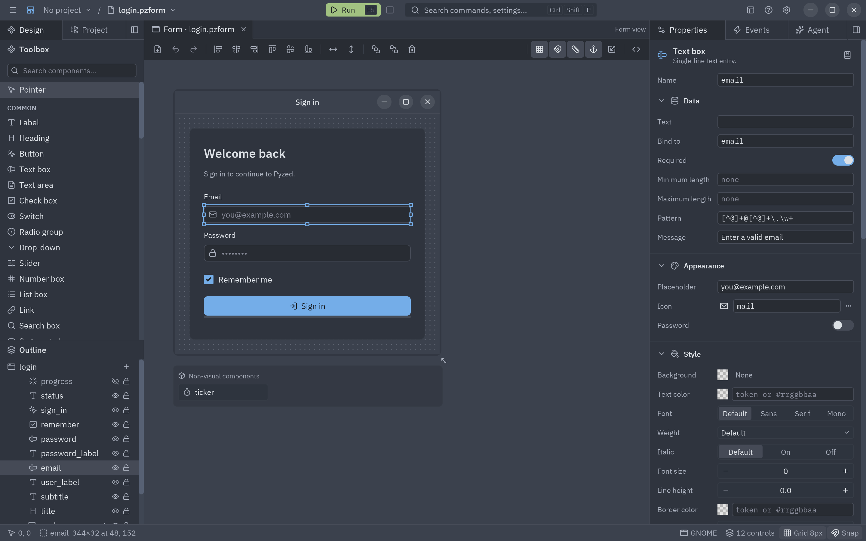 The Data section of a text box: Bind to, Required, Pattern and Message