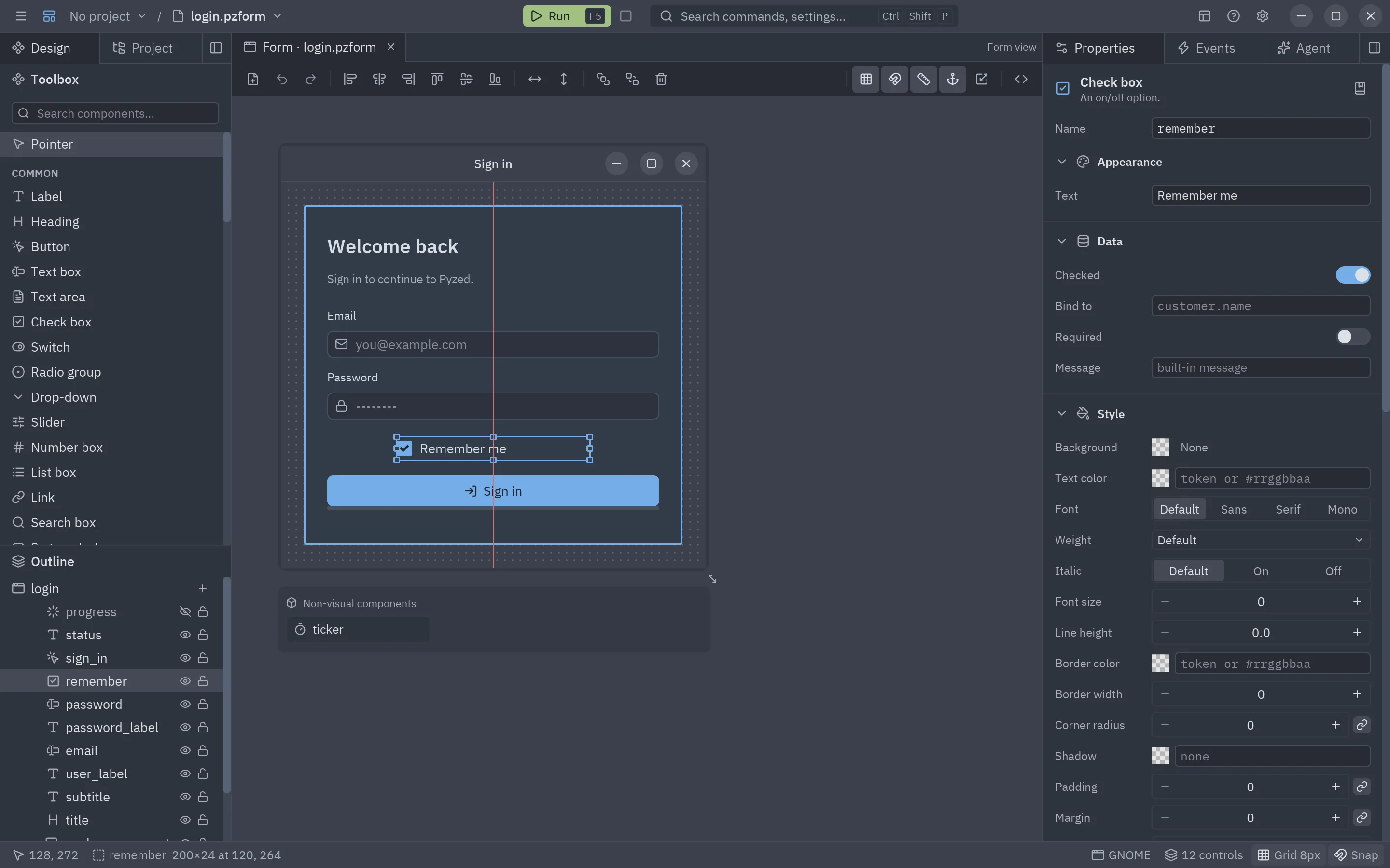 A smart guide: the check box lines up with the centers of the other controls
