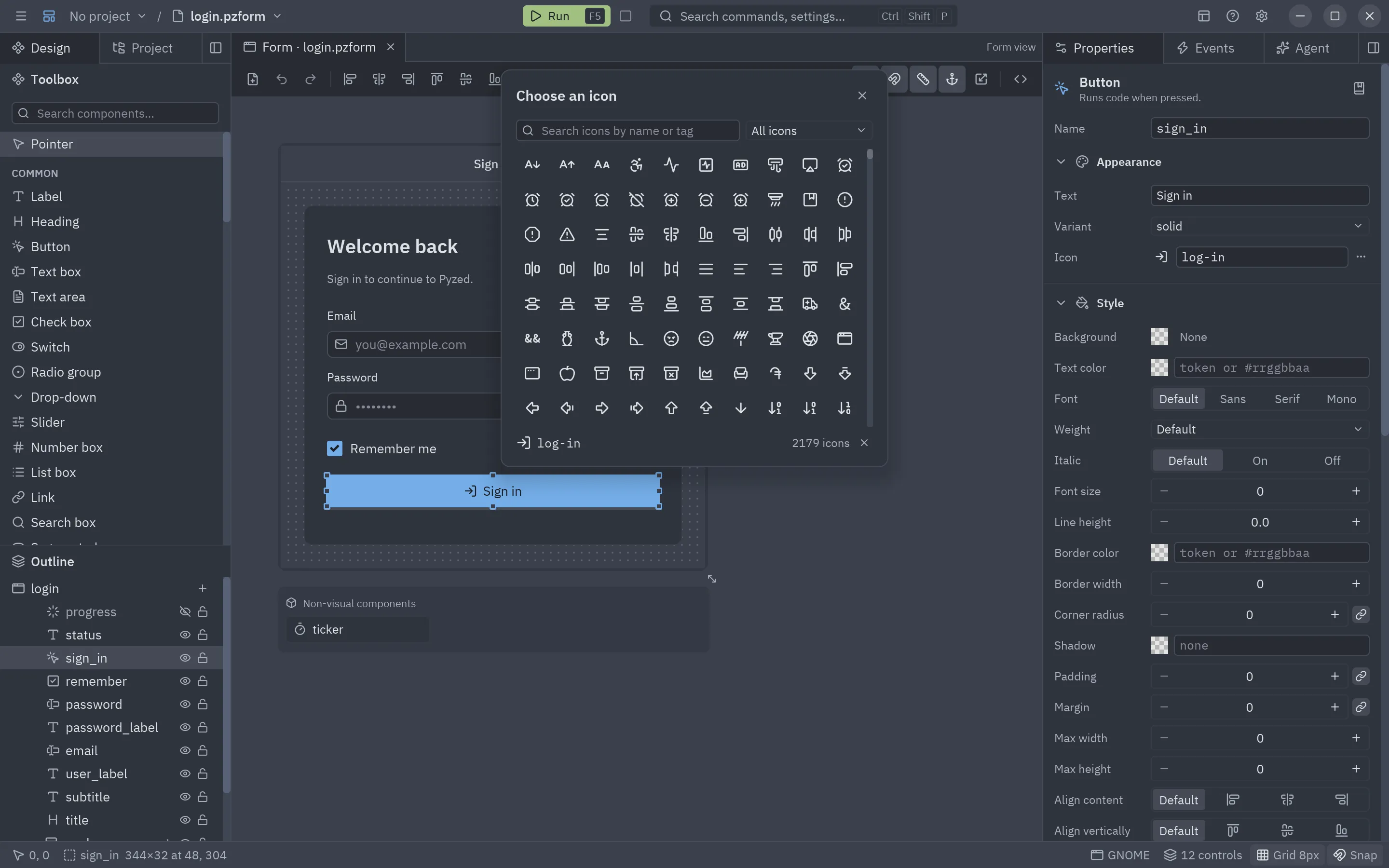 The icon dialog opened from a button’s Icon property