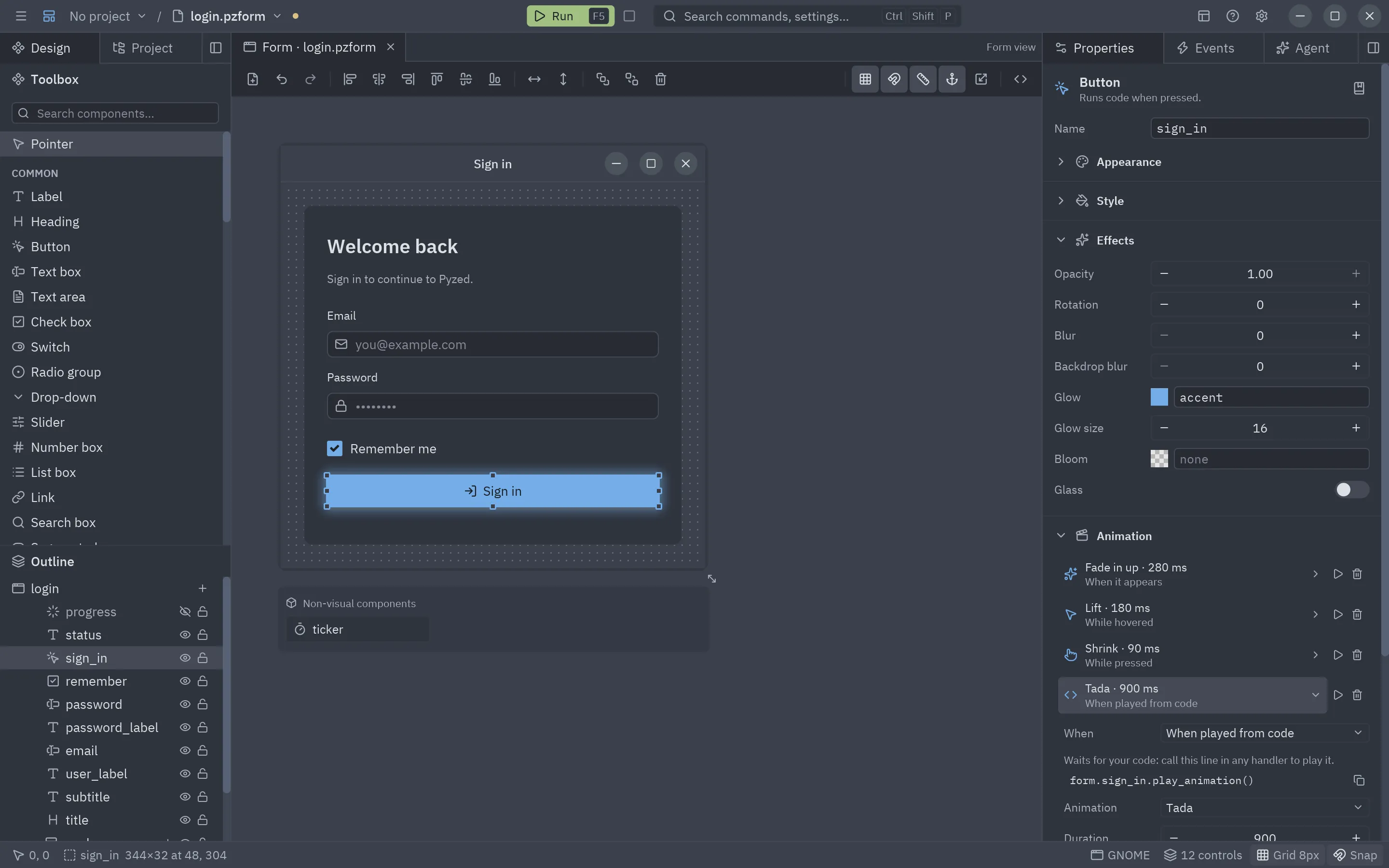 The Effects and Animation sections of a button
