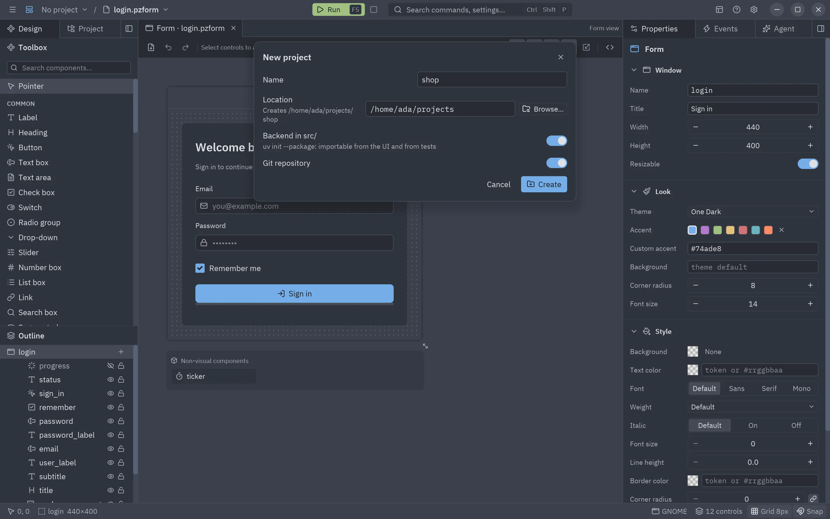 The New project dialog