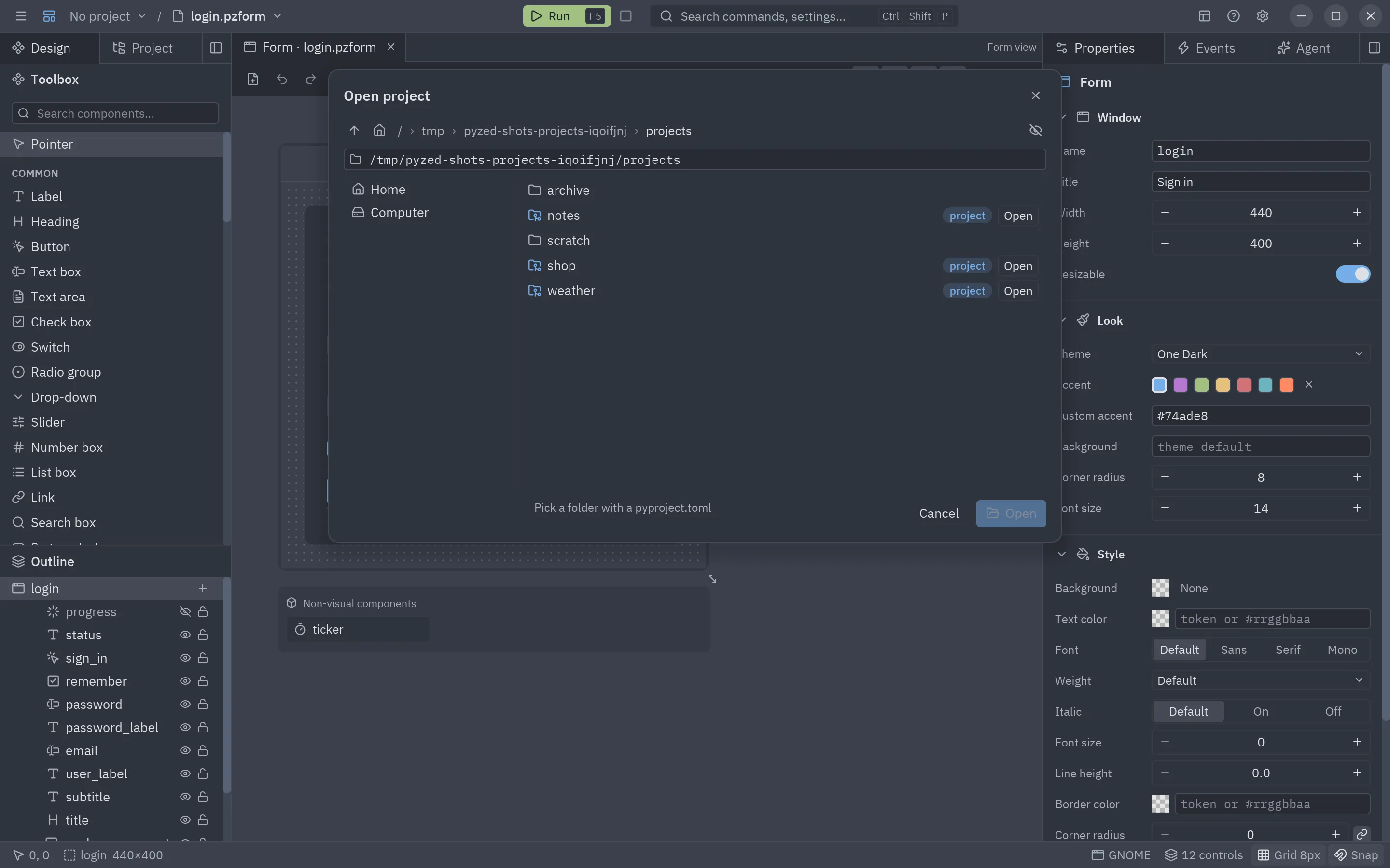 The Open project dialog: places, recent projects and the folders of the current one