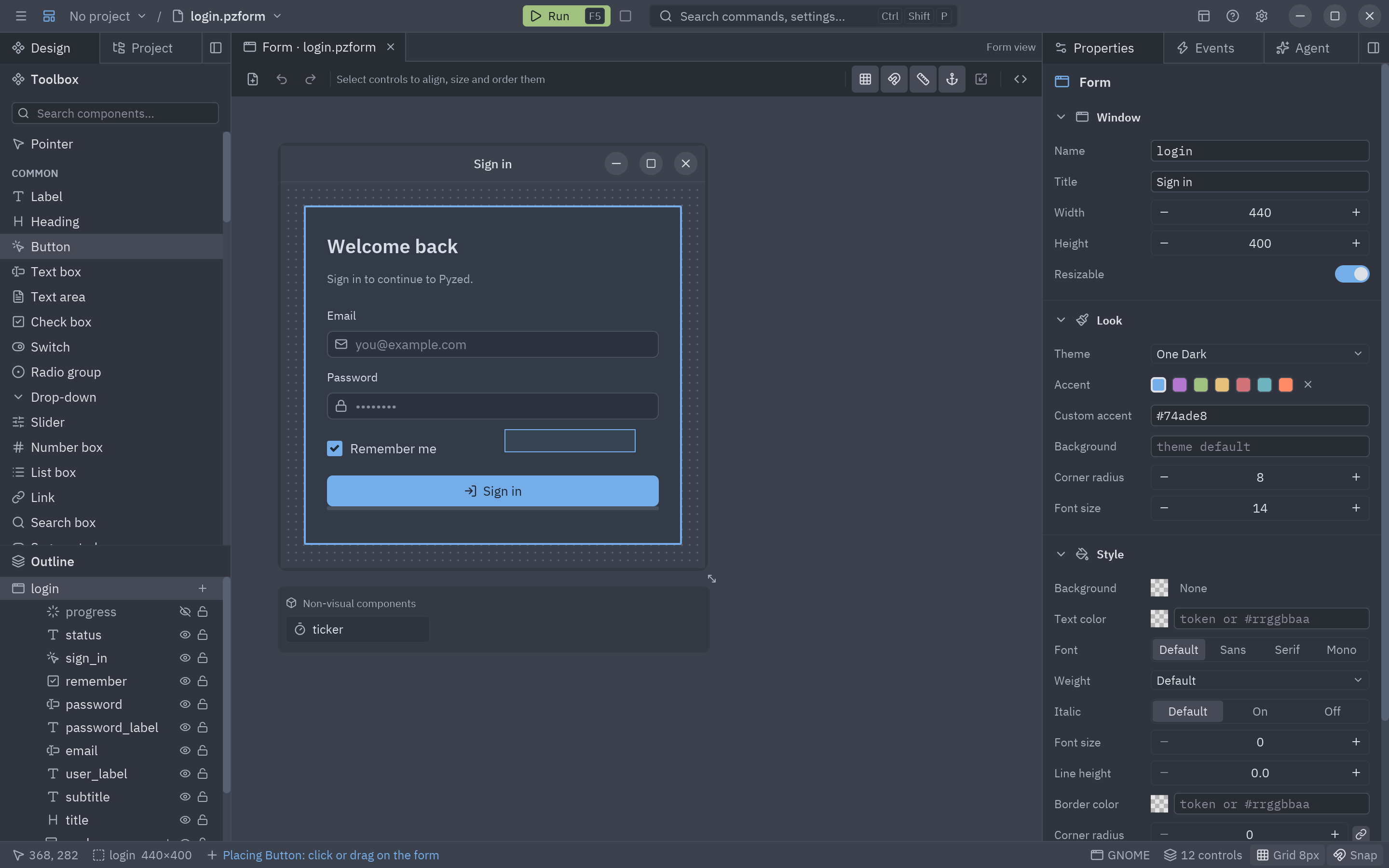 Placing a button by dragging a rectangle with the tool picked