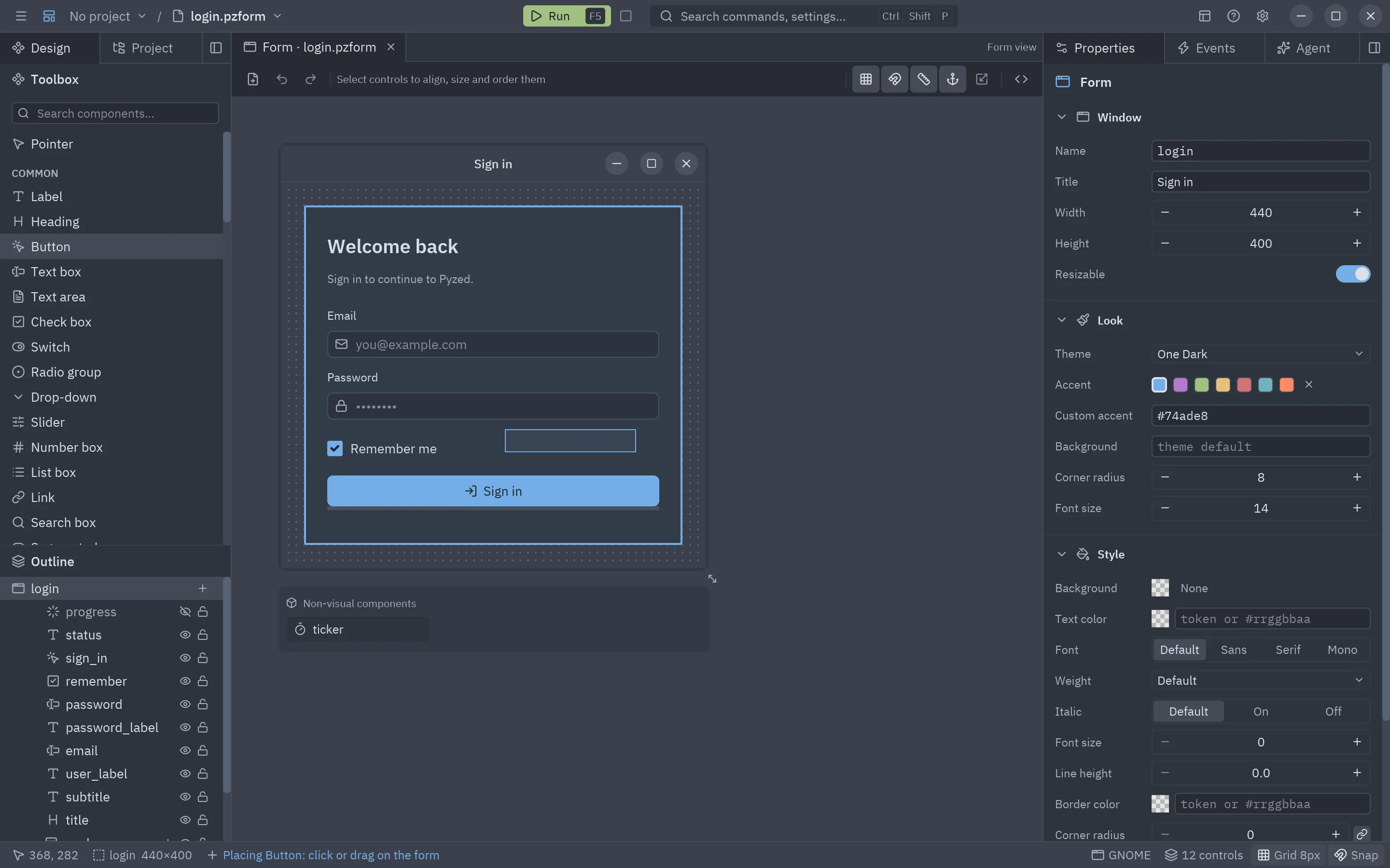Placing a button: drag a rectangle with the tool picked