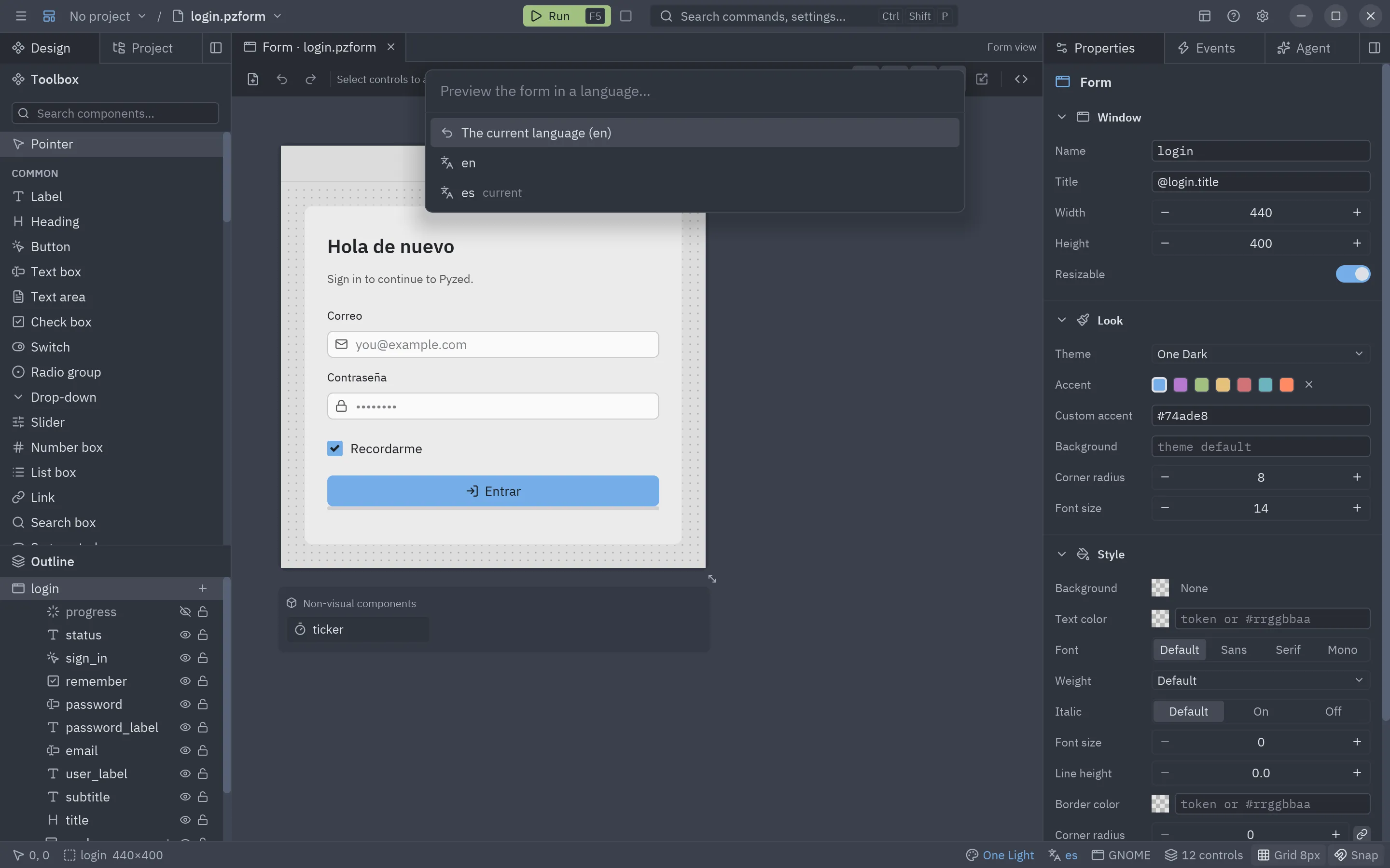 The login form previewed in One Light and in Spanish, with the language picker open