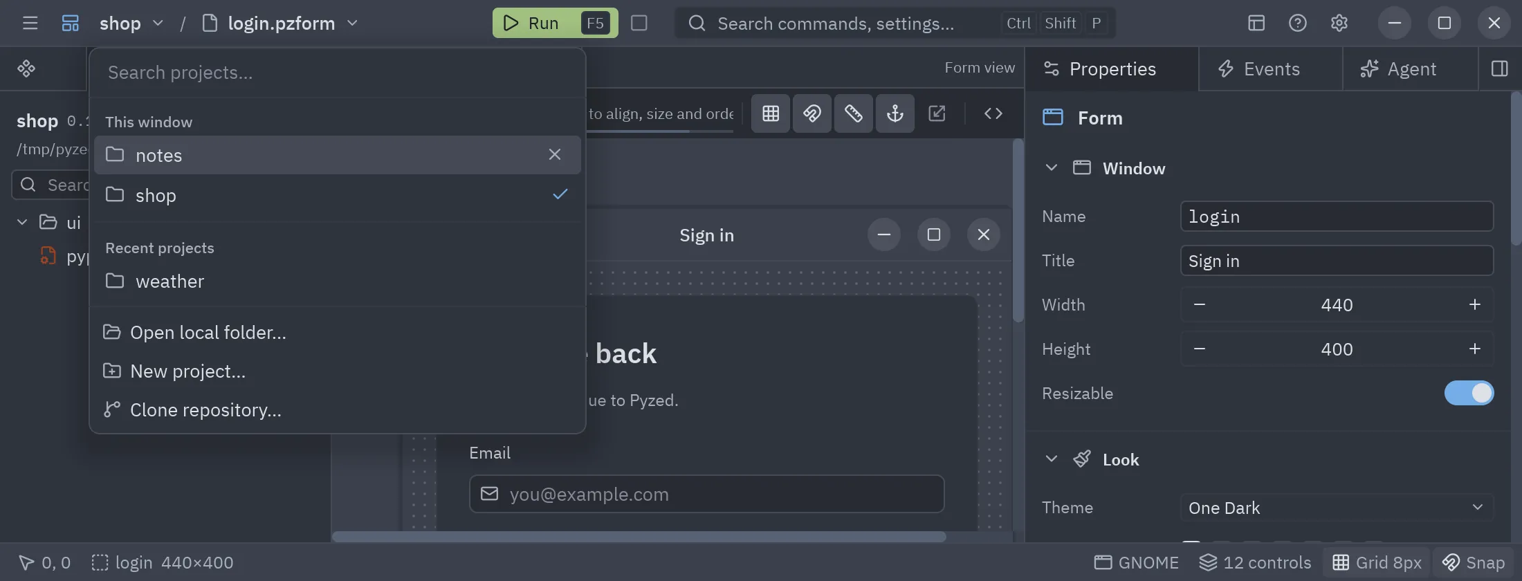The project picker open under the project’s name, with the projects of this window and the recent ones