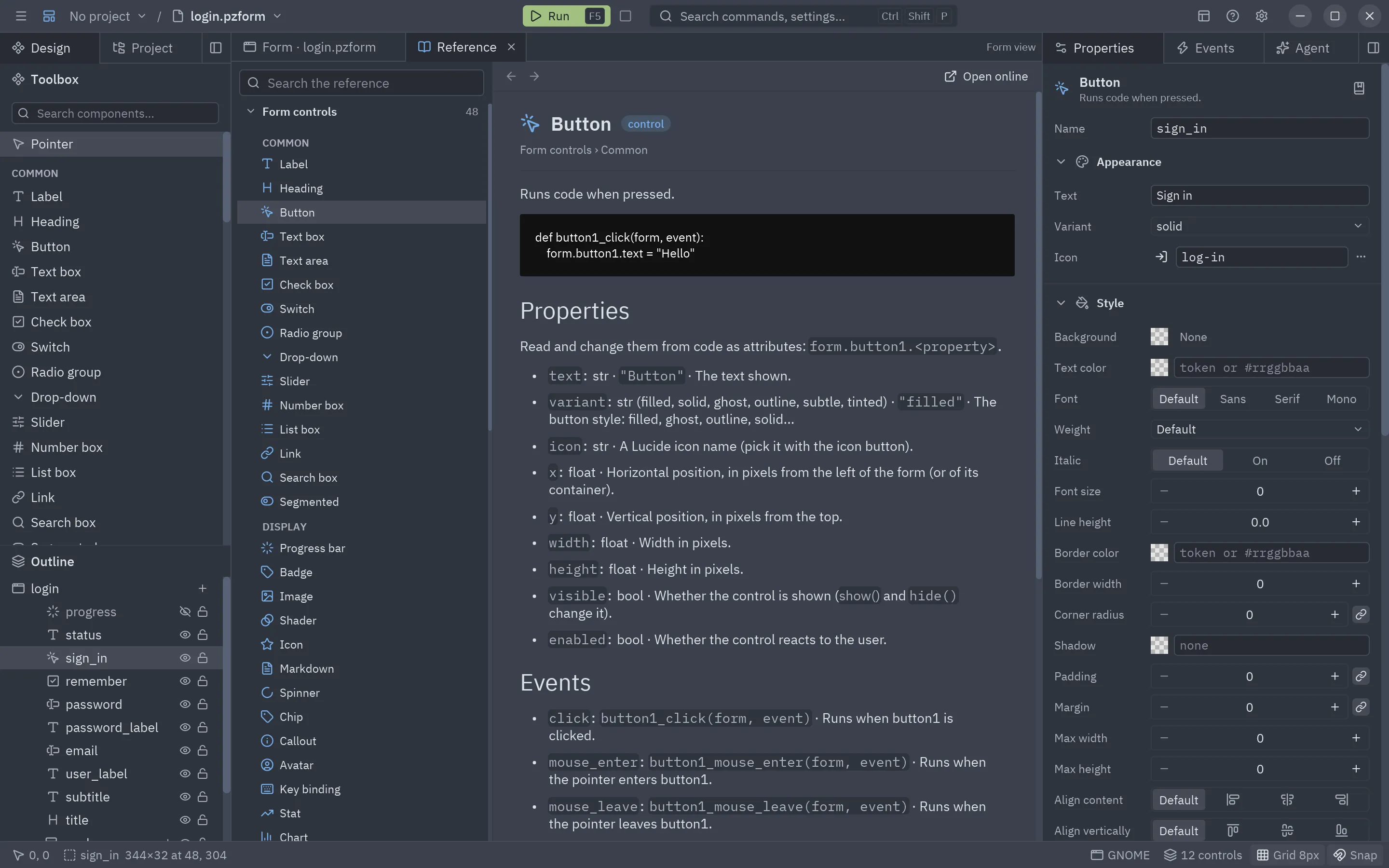 The reference open on the Button page, with the class list on the left