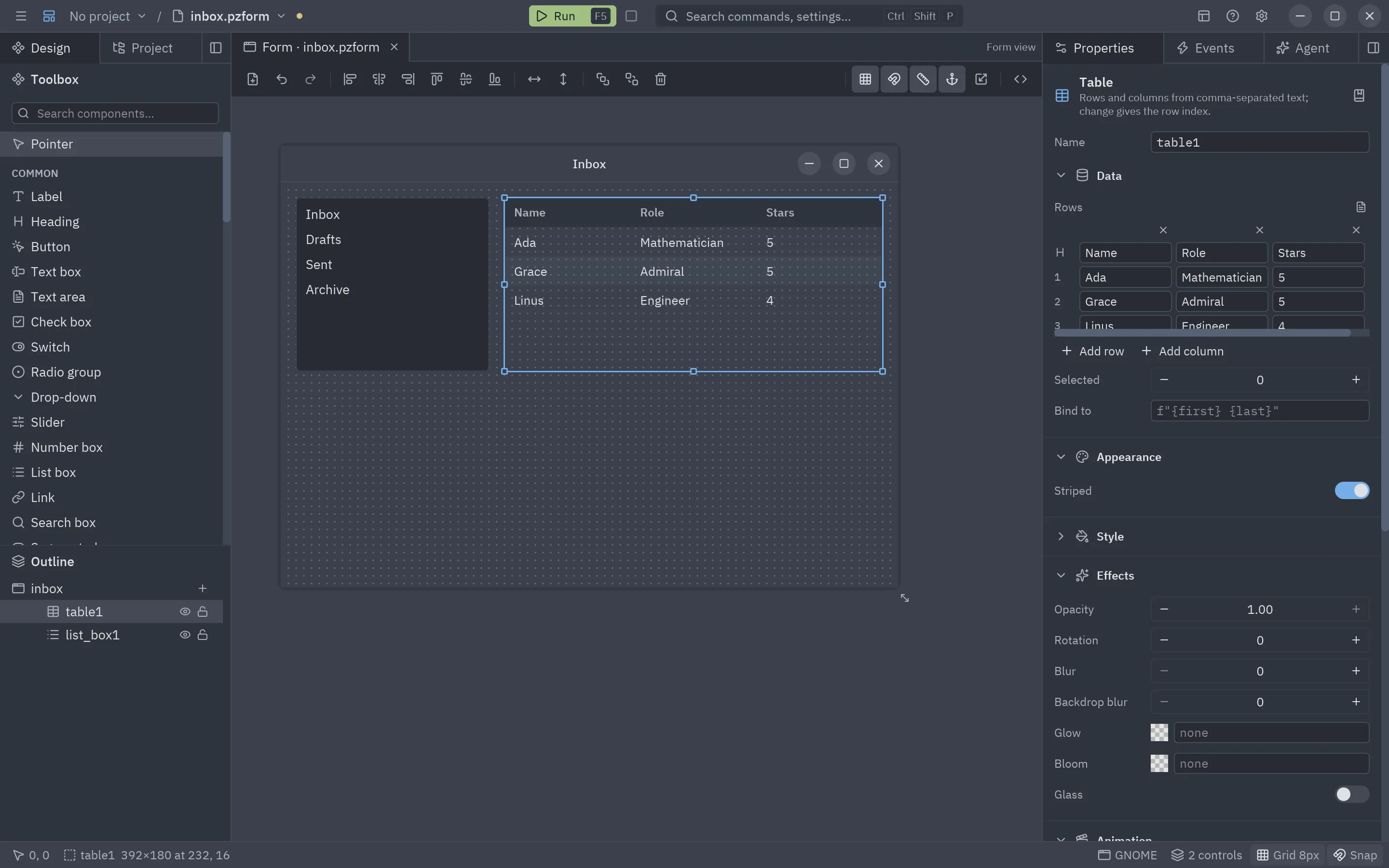 The properties of a table: the rows editor